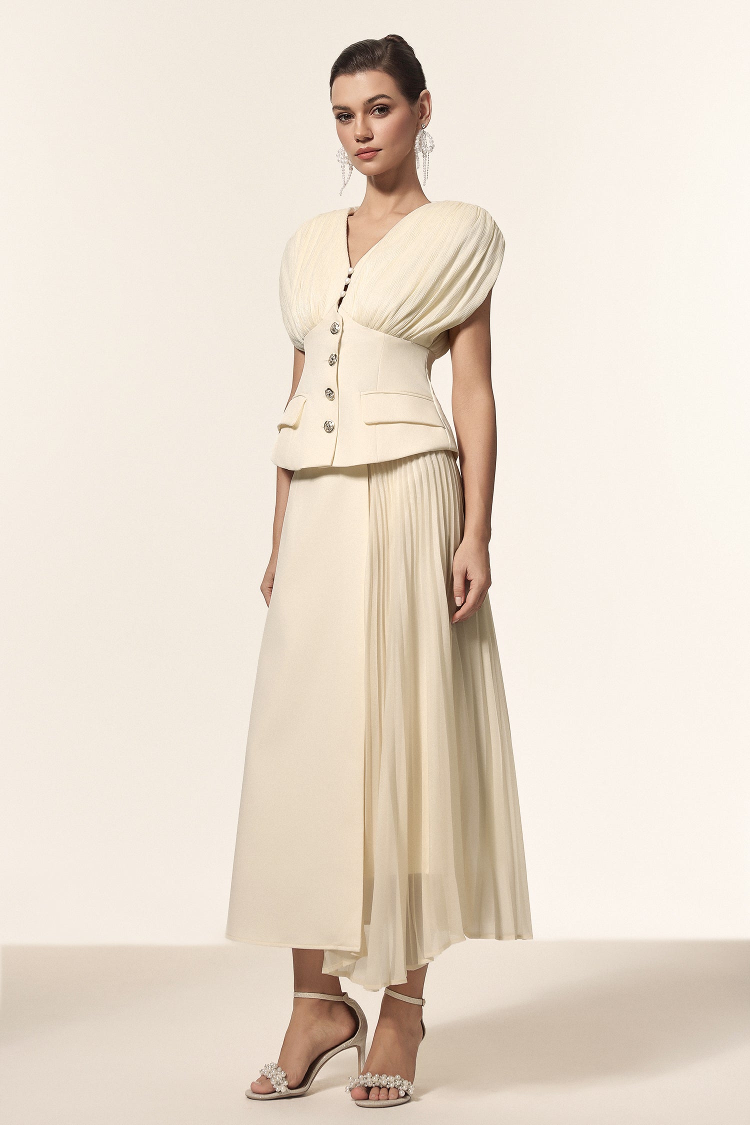 Harli V-Neck Sleeveless Folds Top And Skirt Two-Piece Set