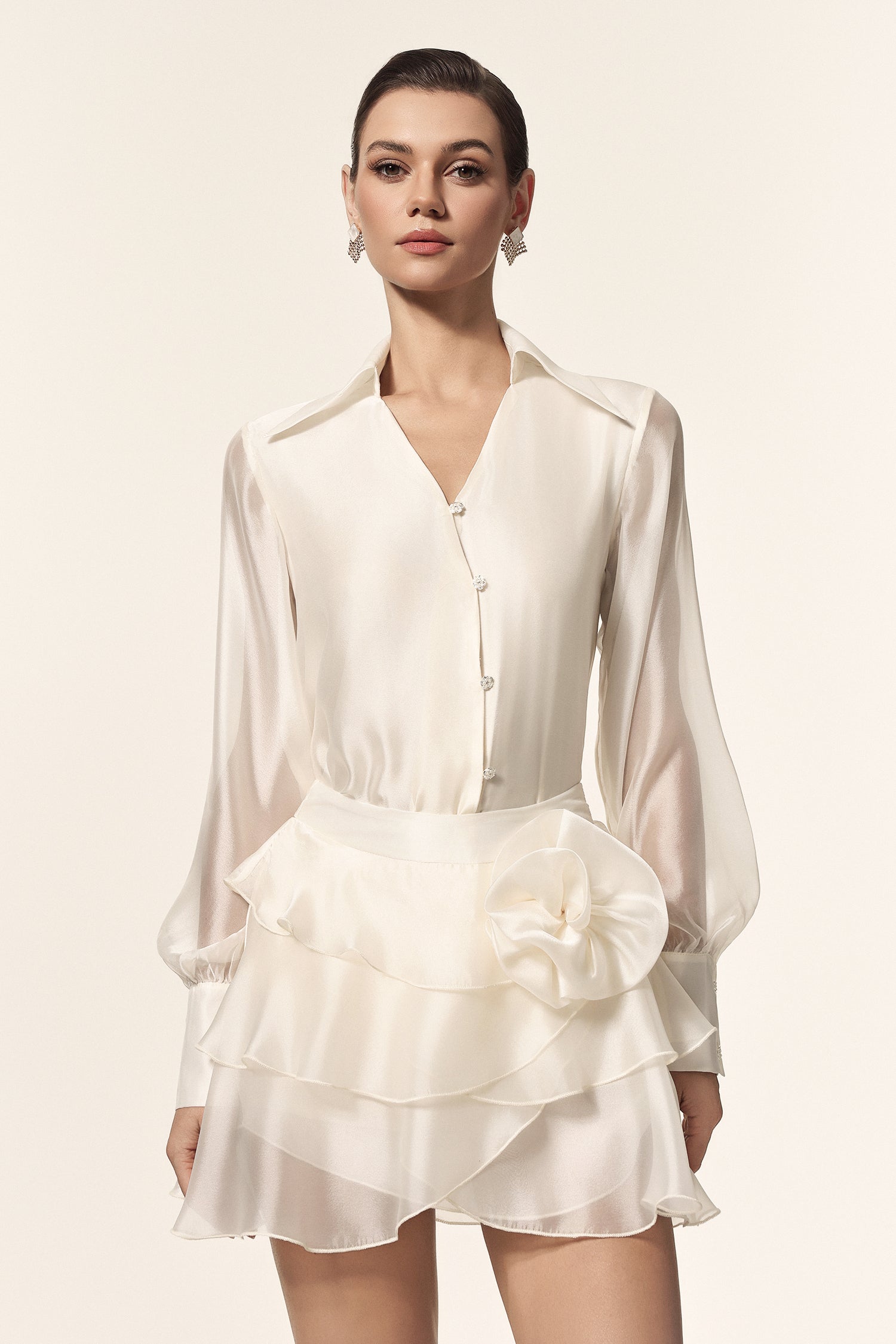 Vanya V-Neck Long Sleeves Folds Flower Top And Skirt Two-Piece Set