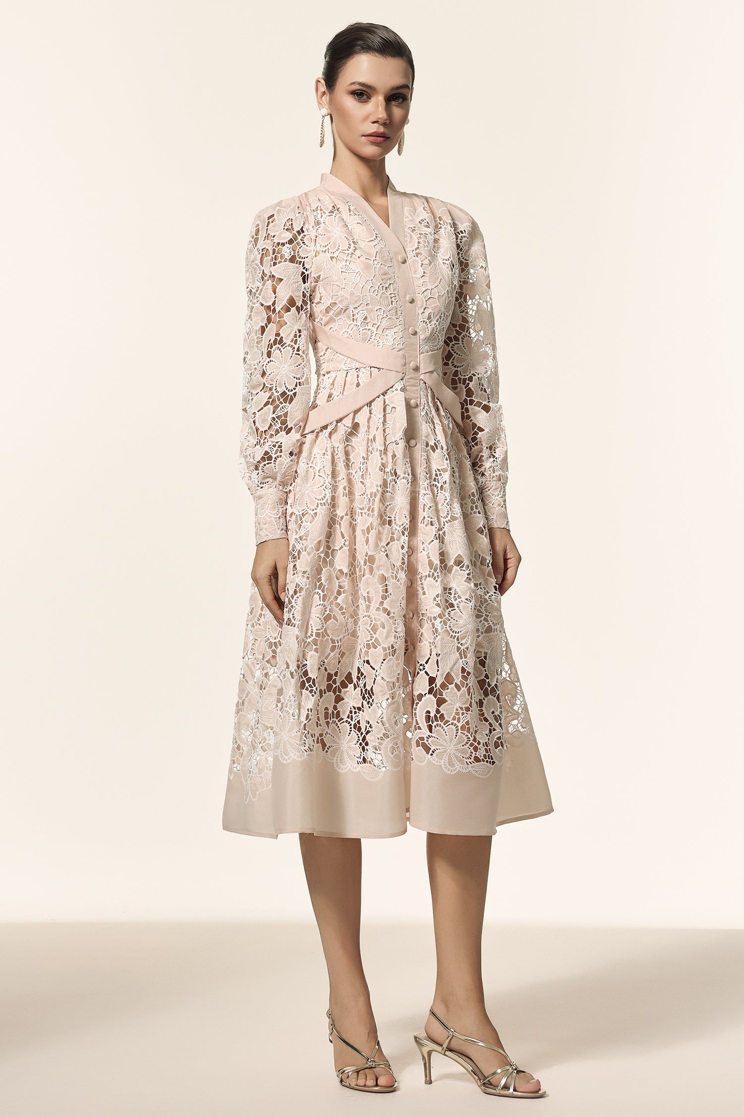 Saly V-Neck Long Sleeves Lace Midi Dress