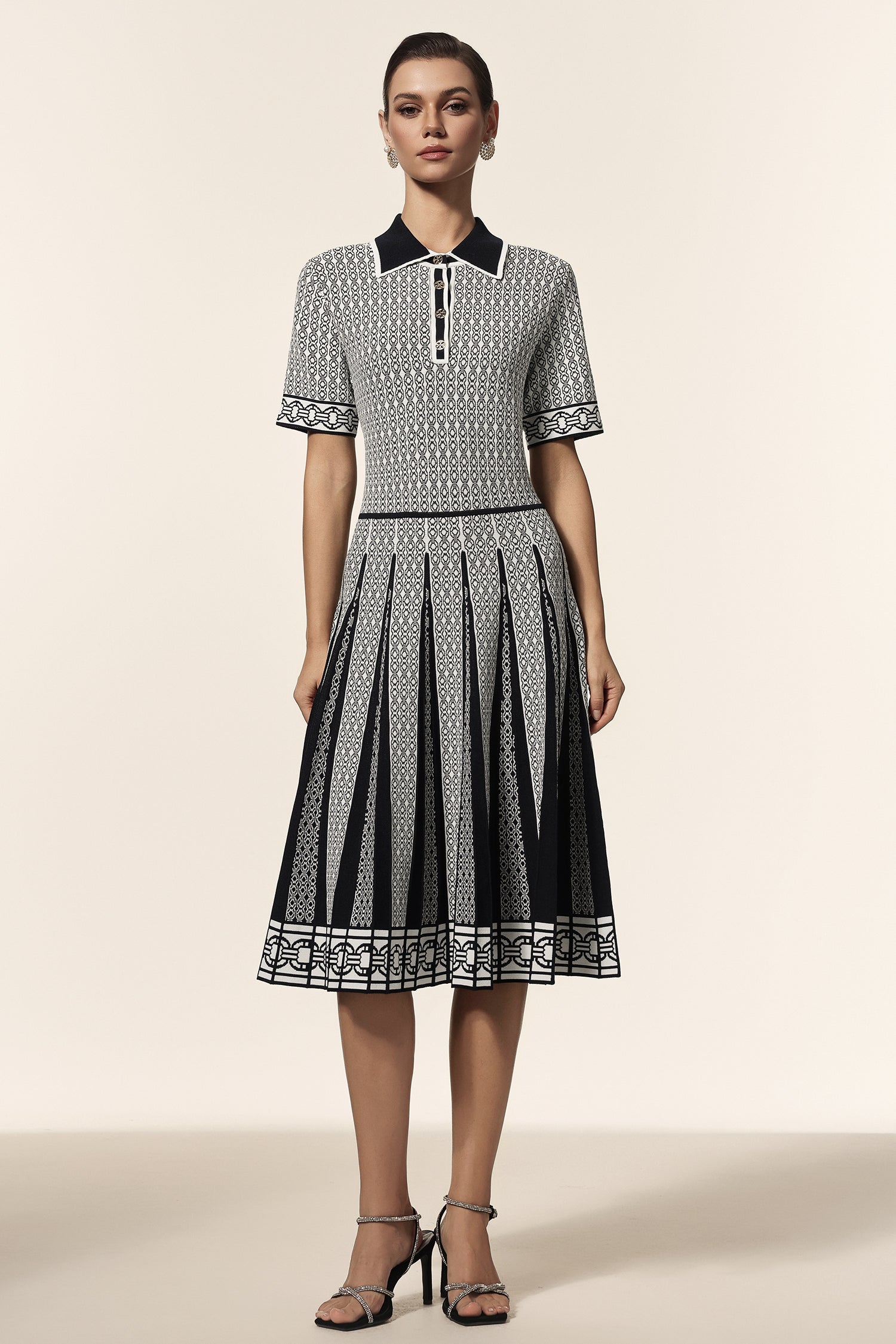 Reye Lapel Short Sleeves Jacquard Folds Mini Dress