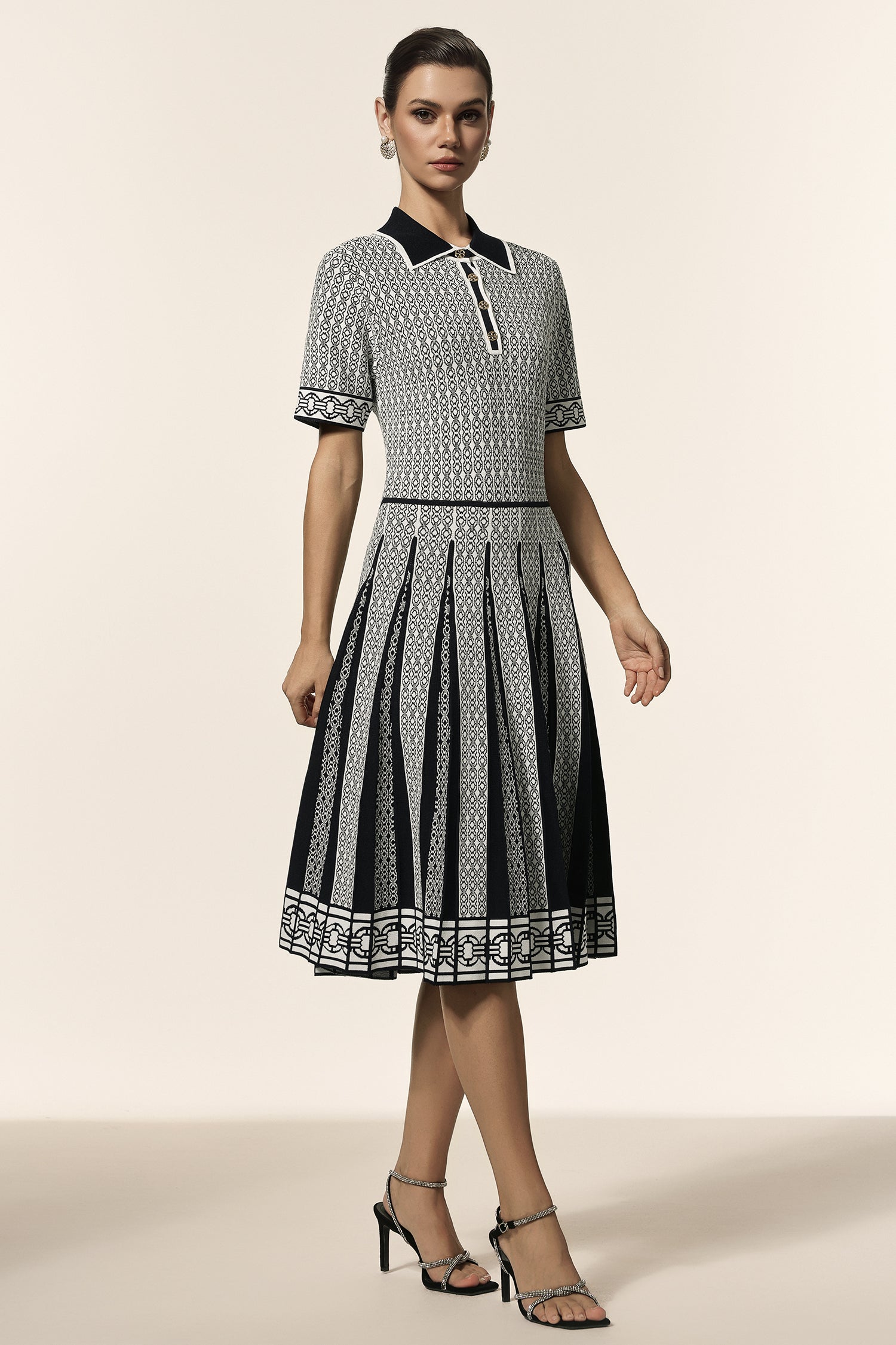 Reye Lapel Short Sleeves Jacquard Folds Mini Dress