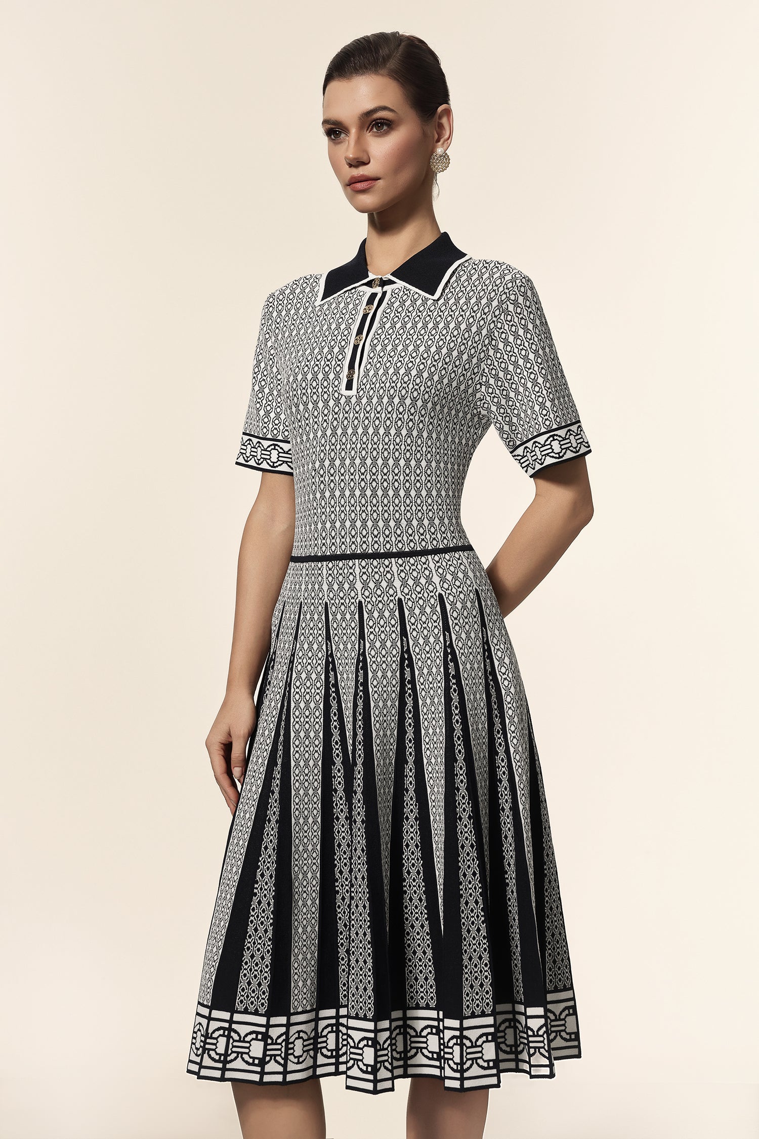 Reye Lapel Short Sleeves Jacquard Folds Mini Dress