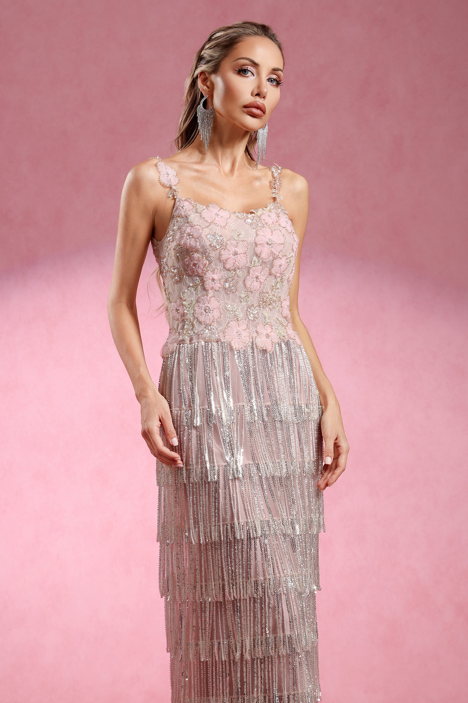 Opala Sleeveless Flowers Diamond Tassels Maxi Dress