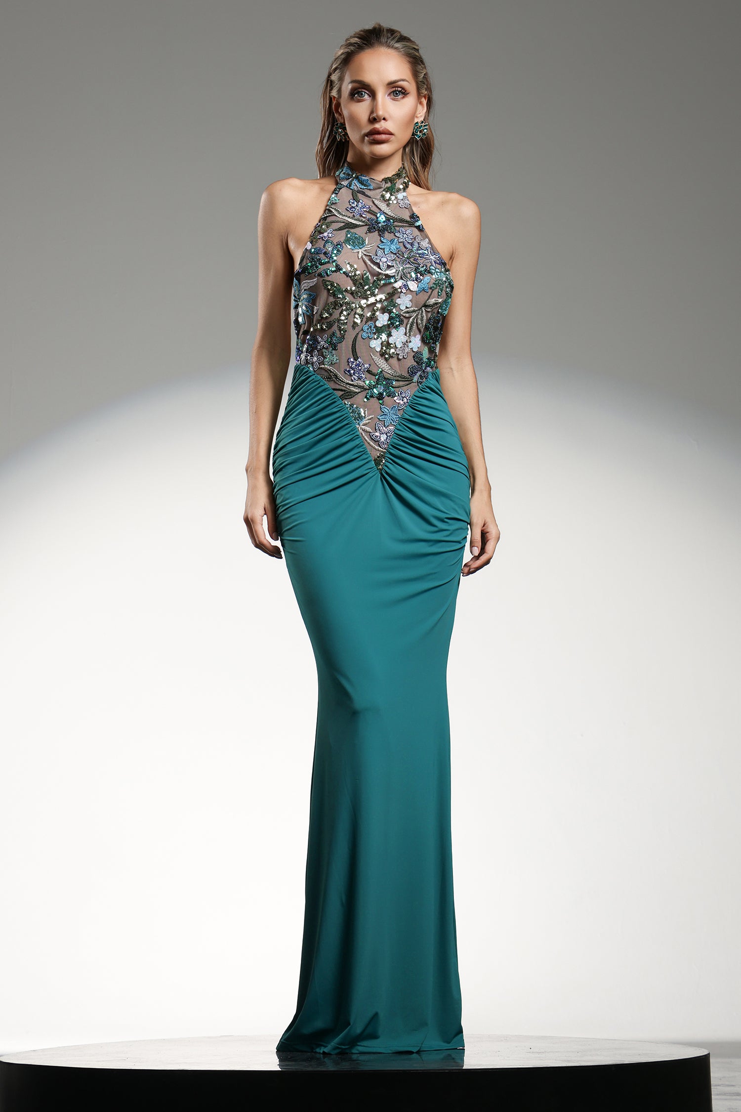 Eigra Halter Sleeveless Fold Blue Maxi Dress