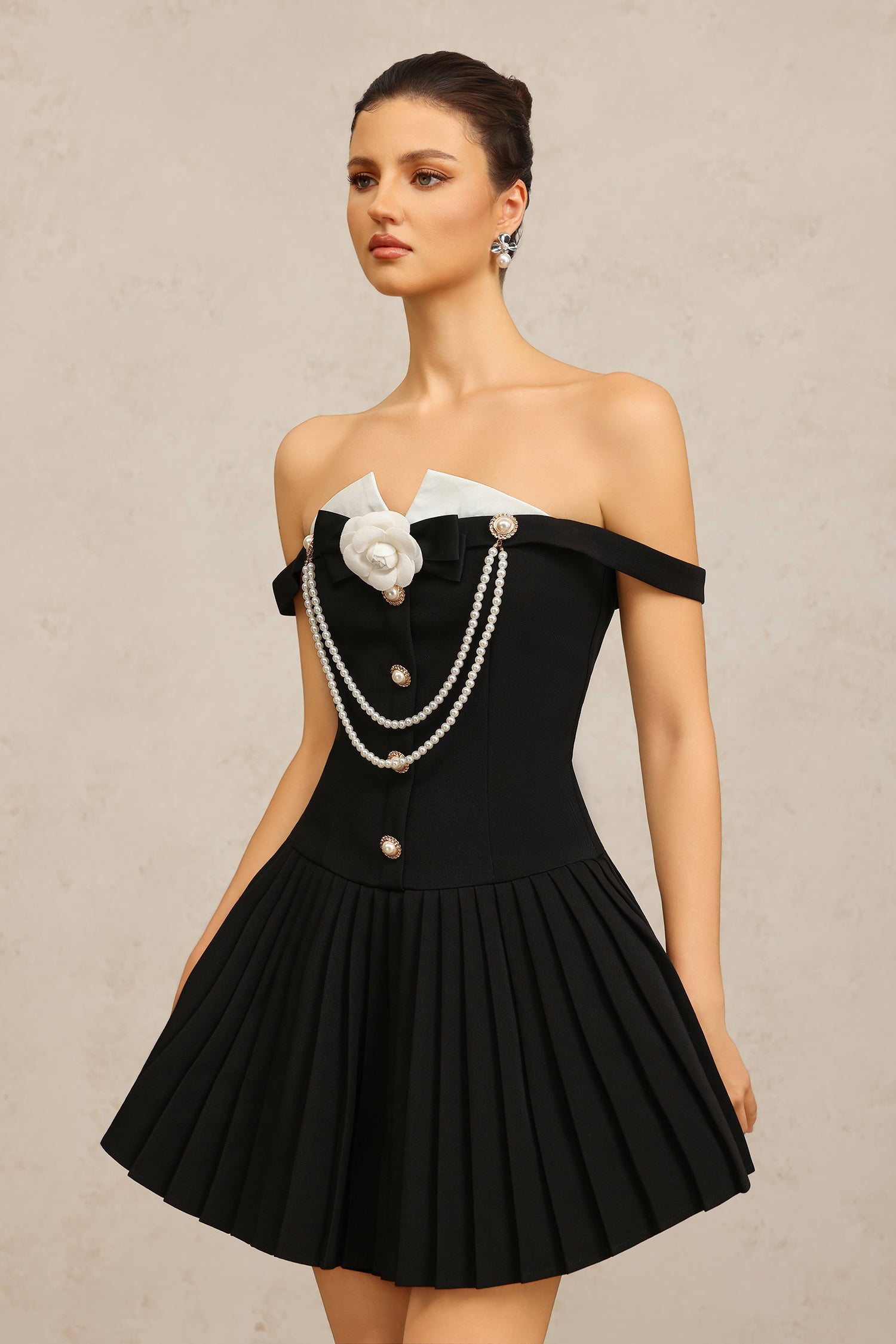 Vivien Off-The-Shoulder Folds Flower Mini Dress