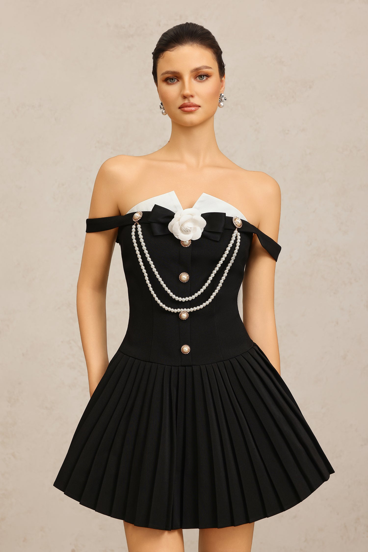 Vivien Off-The-Shoulder Folds Flower Mini Dress