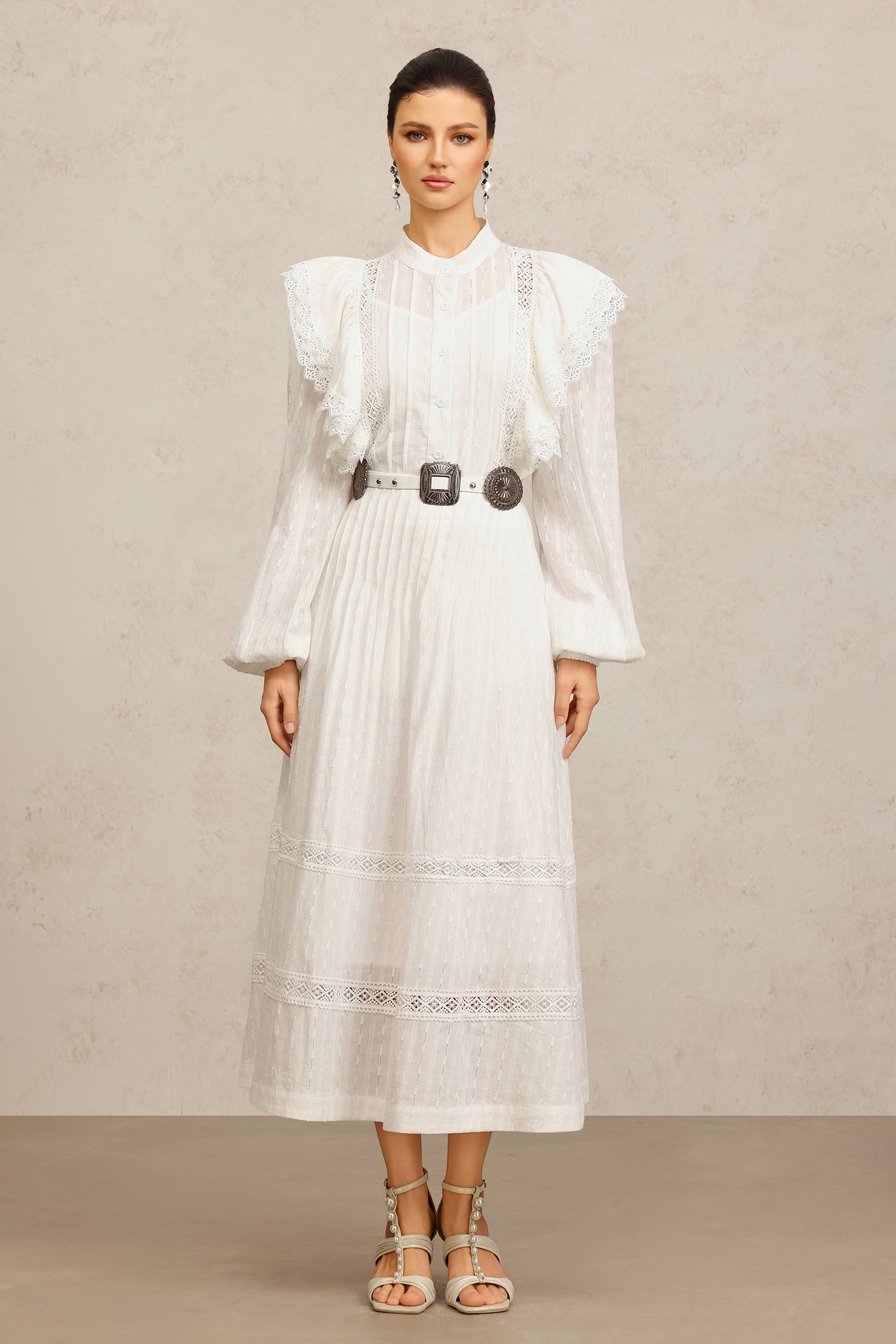 Ditala Long Sleeves Lace Folds Top And Skirt Two-Piece Set