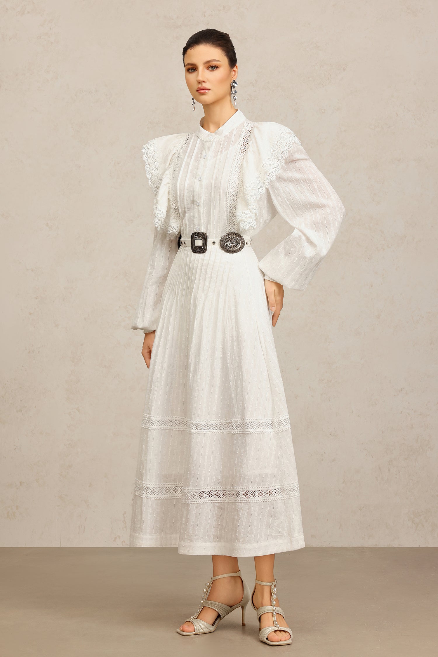 Ditala Long Sleeves Lace Folds Top And Skirt Two-Piece Set