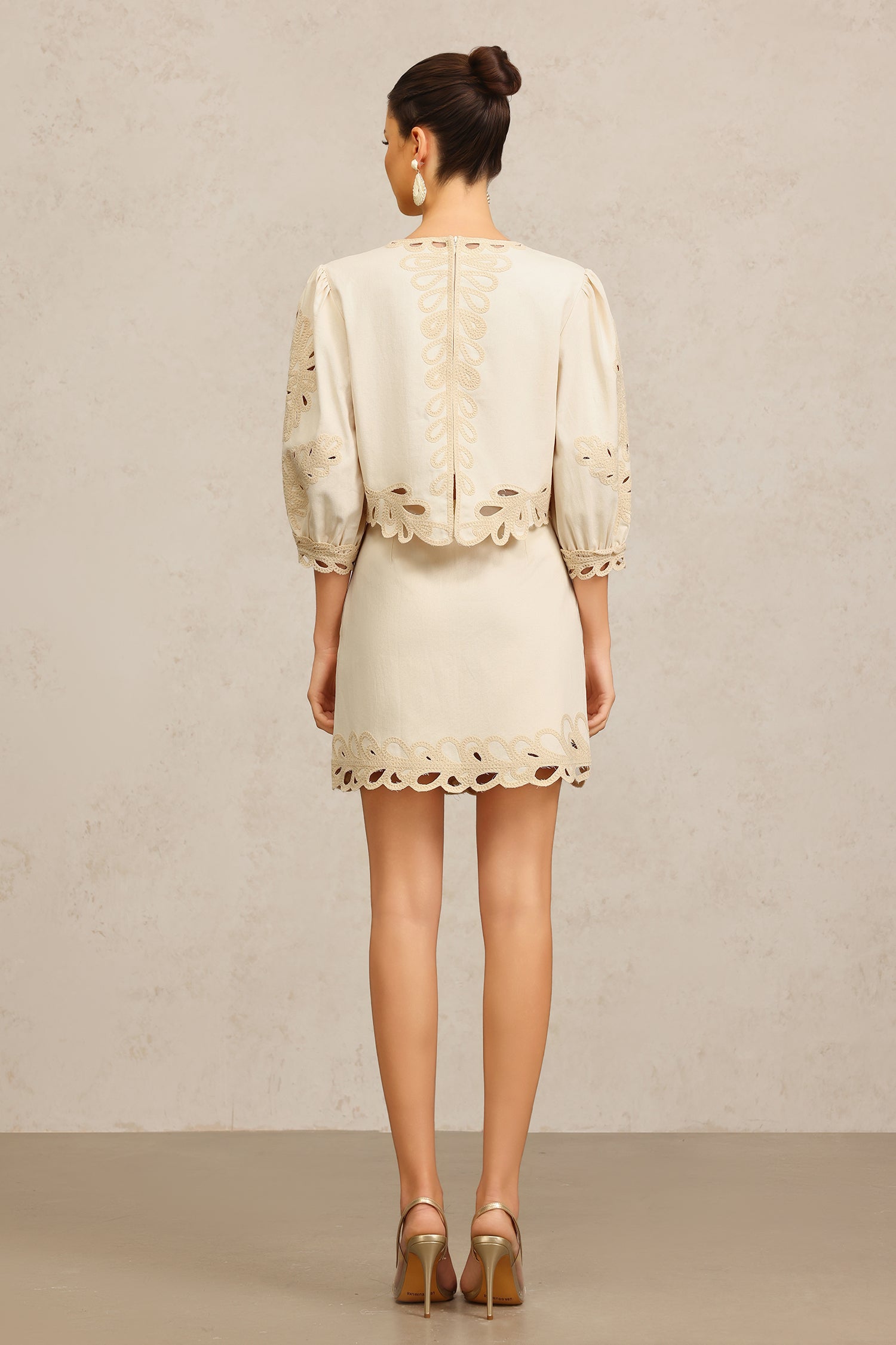 Fawn Round Neck Elbow Sleeves Embroidery Top And Skirt Two-Piece Set