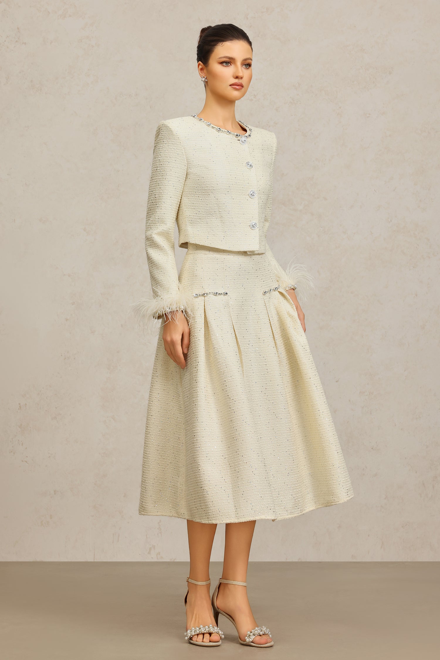 Werko Round Neck Long Sleeves Diamond Artificial Feather Top And Skirt Two-Piece Set