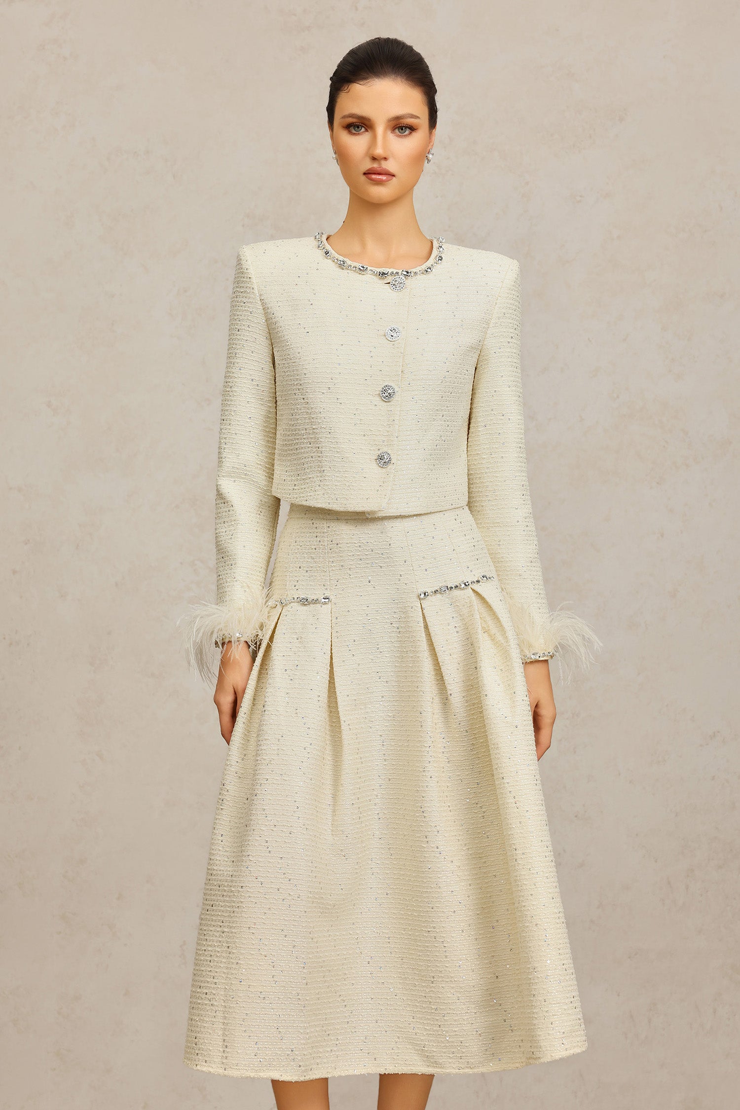 Werko Round Neck Long Sleeves Diamond Artificial Feather Top And Skirt Two-Piece Set