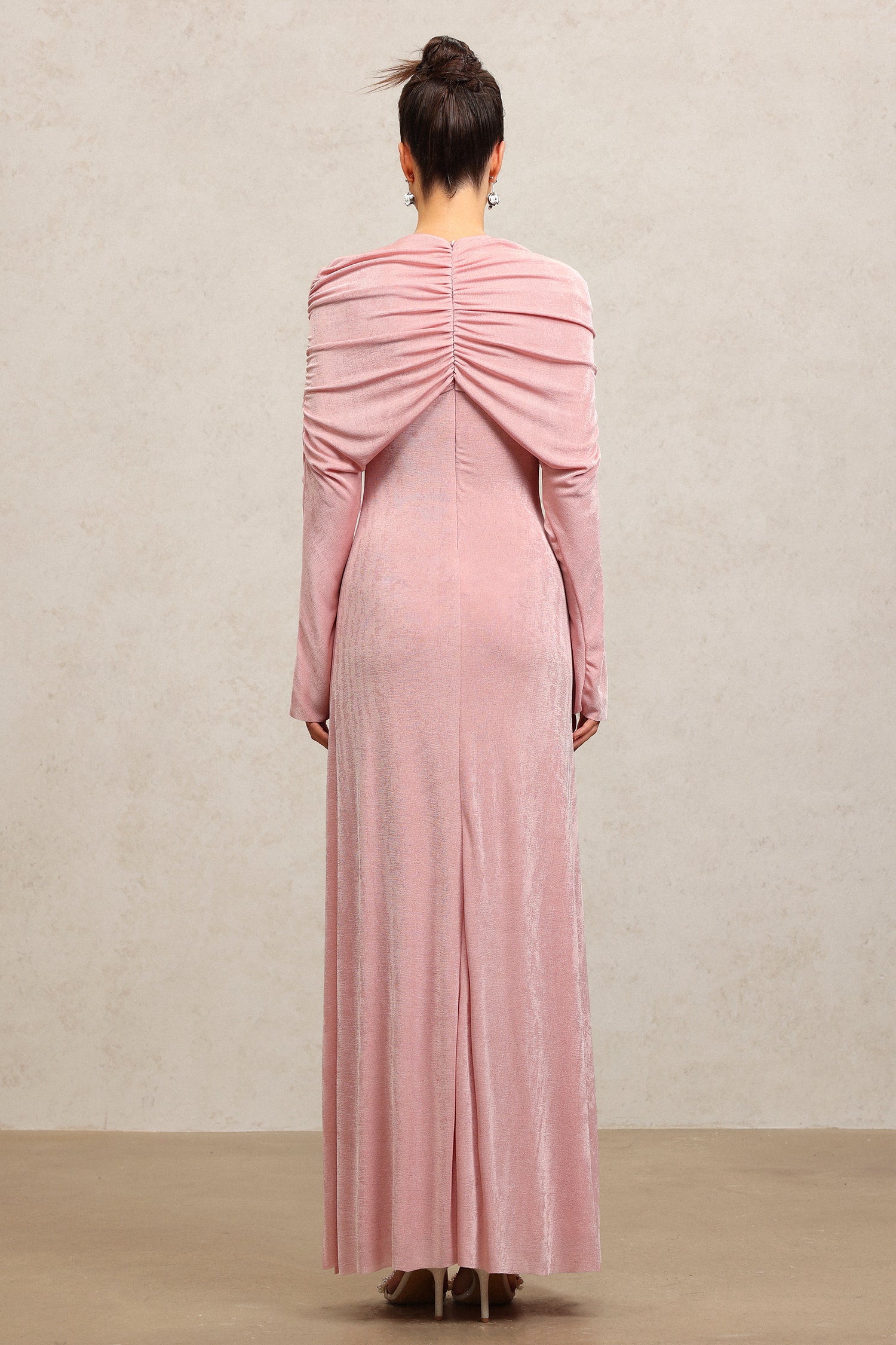 Kolari Round Neck Long Sleeves Asymmetric Folds Pink Maxi Dress