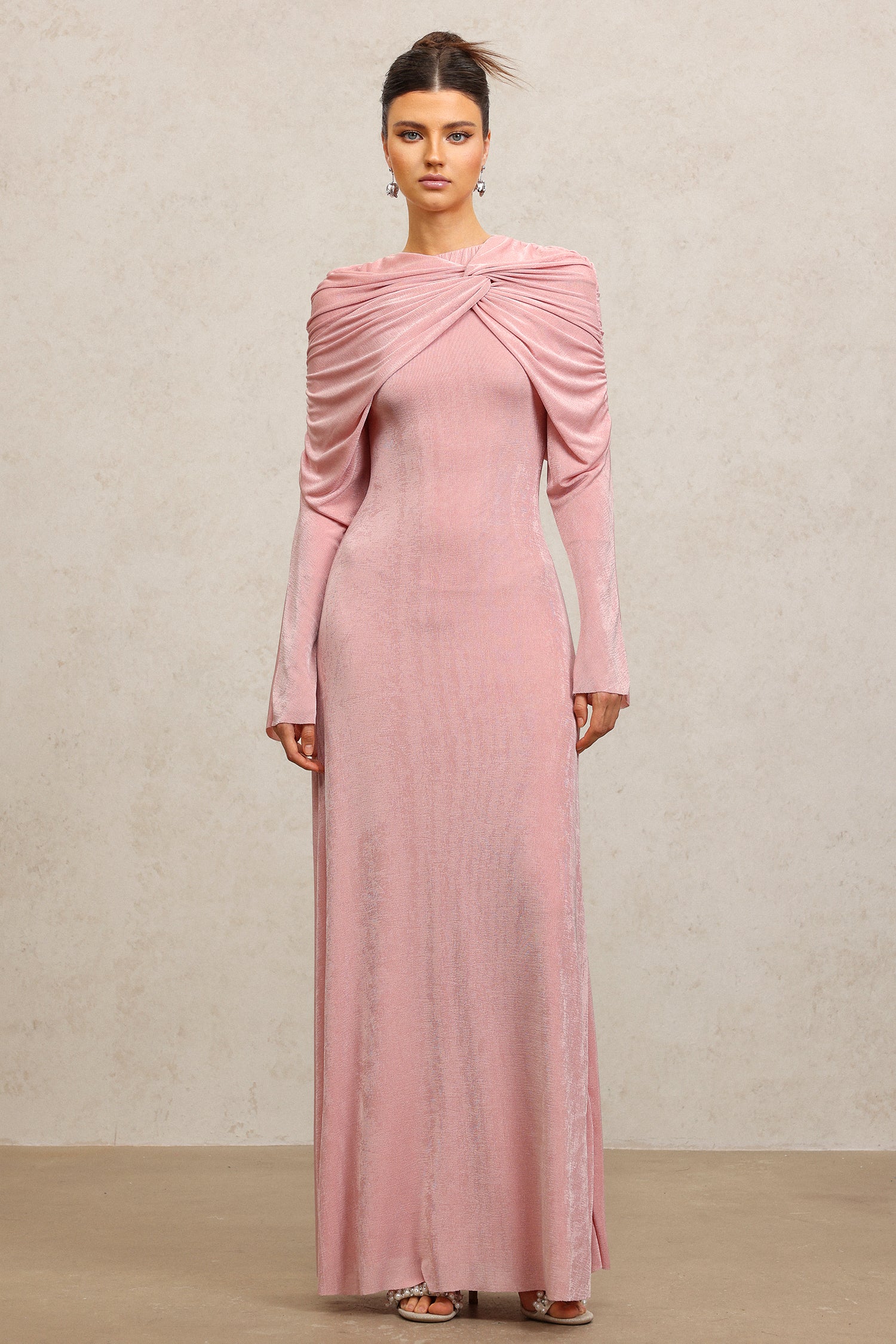 Kolari Round Neck Long Sleeves Asymmetric Folds Pink Maxi Dress