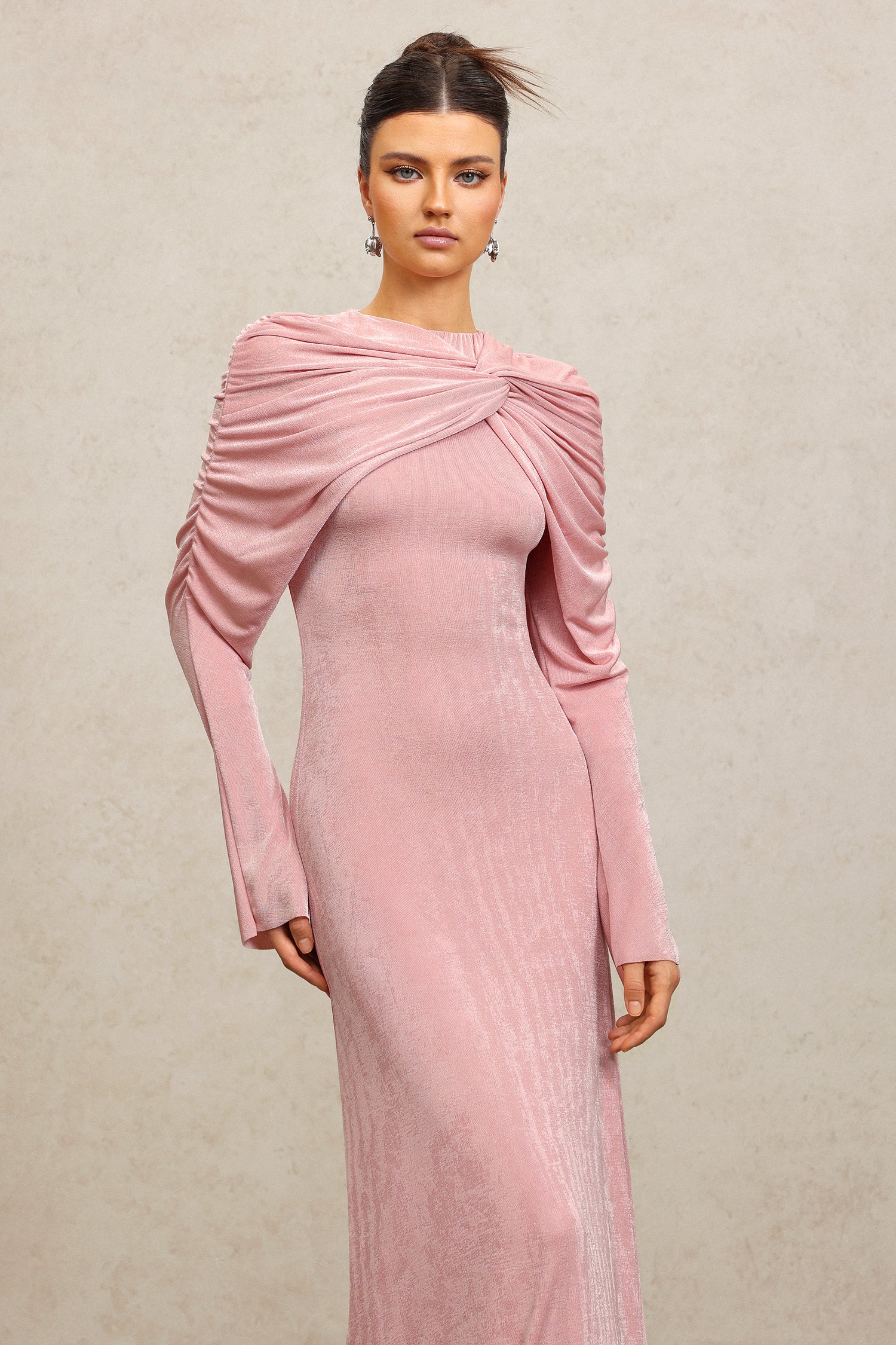 Kolari Round Neck Long Sleeves Asymmetric Folds Pink Maxi Dress
