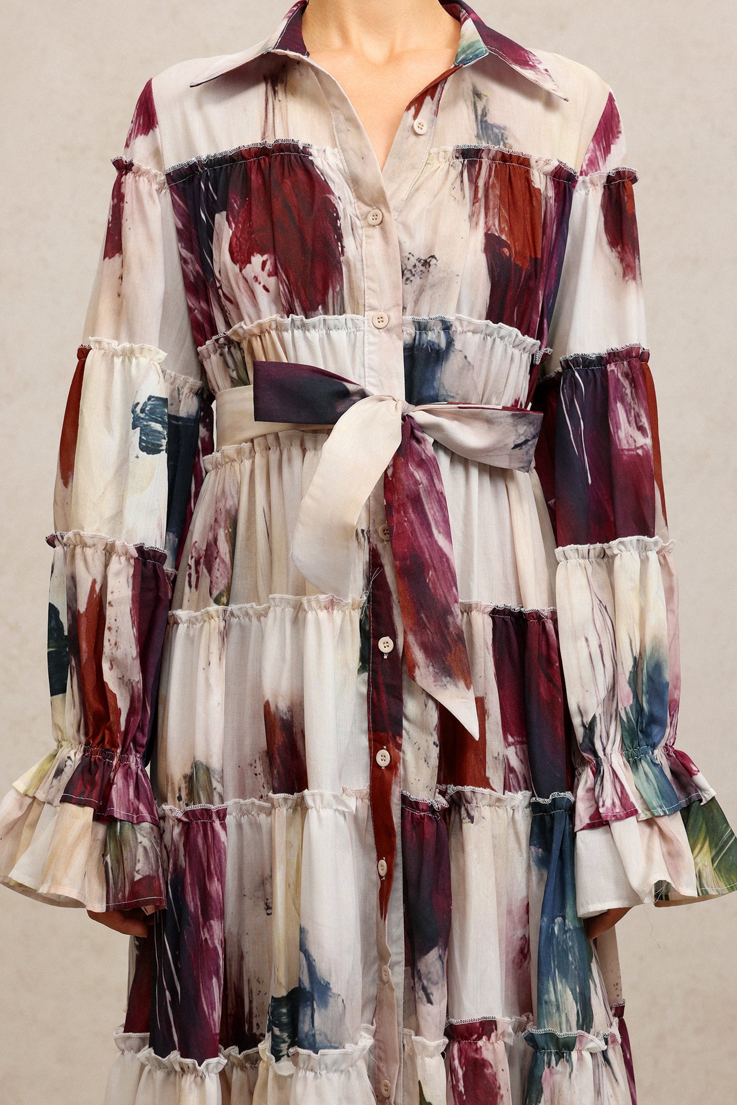 Raanana Lapel Long Sleeves Floral Printed Maxi Dress