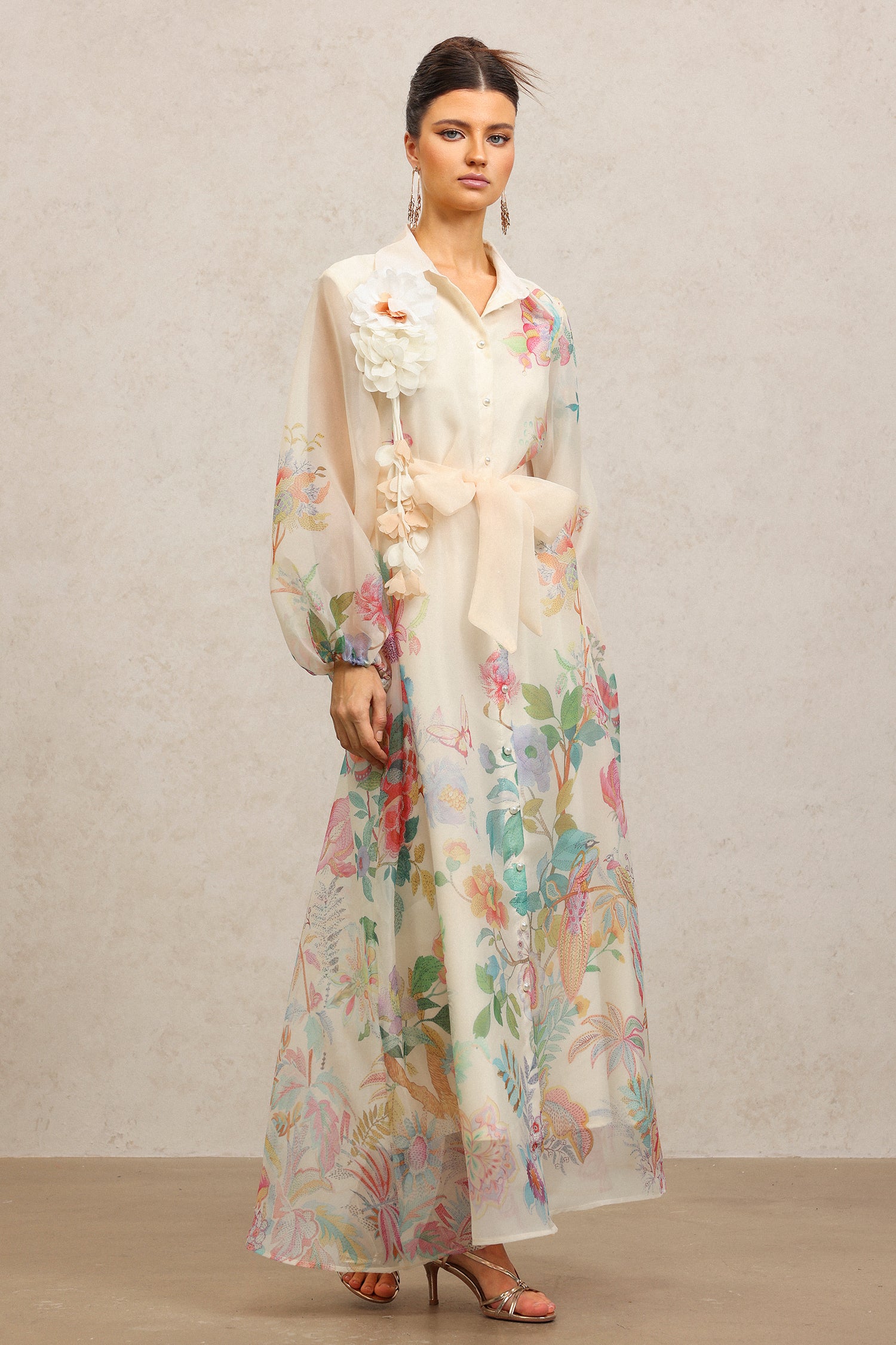 Farrah Lapel Long Sleeves Flowers Printed Maxi Dress
