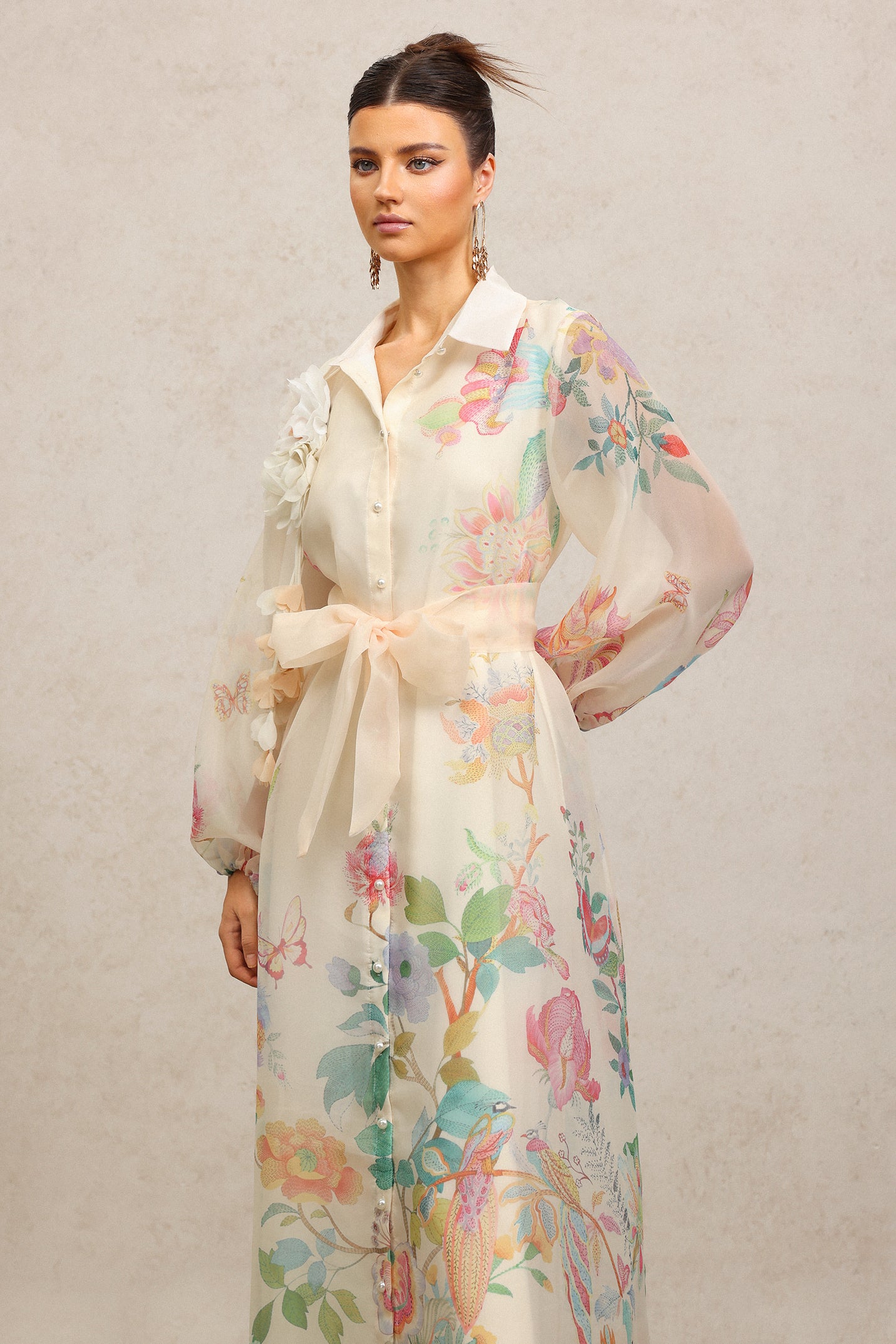 Farrah Lapel Long Sleeves Flowers Printed Maxi Dress