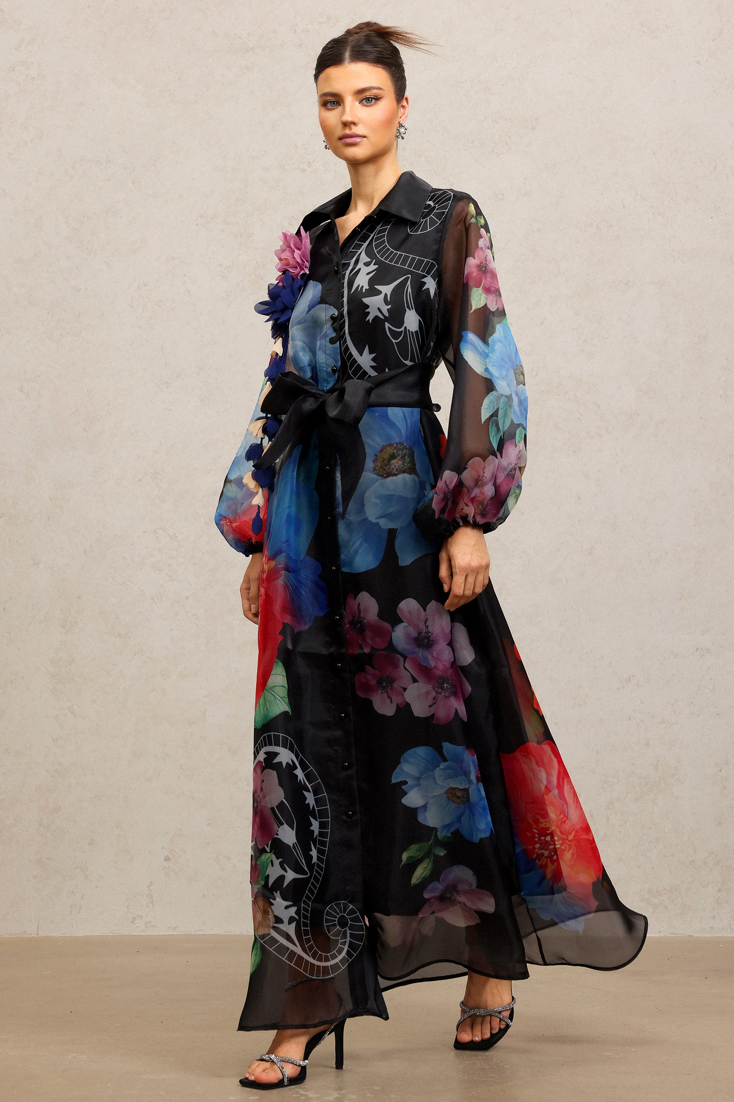 Farrah Lapel Long Sleeves Flowers Printed Maxi Dress