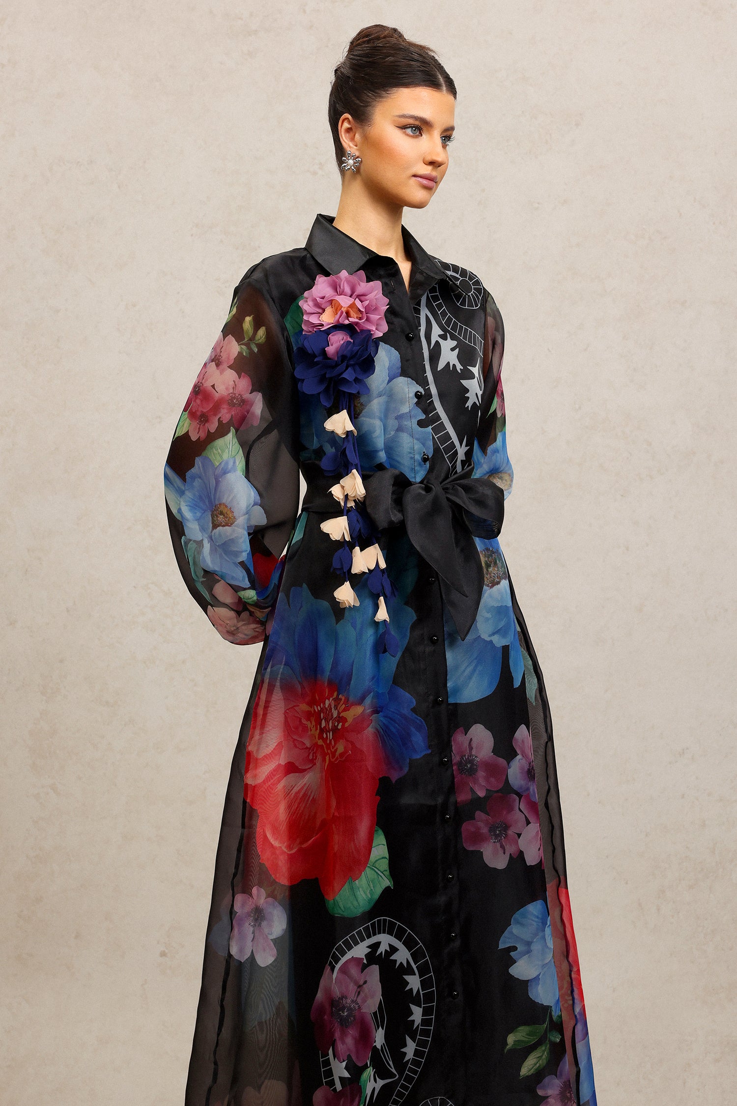 Farrah Lapel Long Sleeves Flowers Printed Maxi Dress