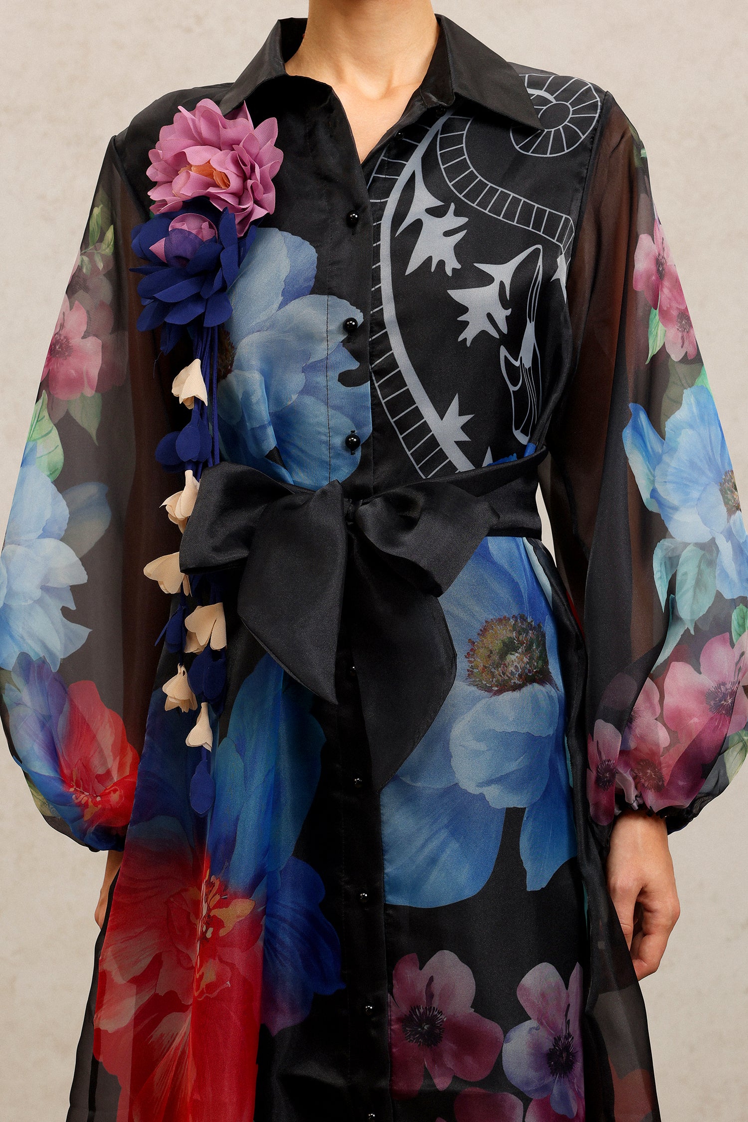 Farrah Lapel Long Sleeves Flowers Printed Maxi Dress