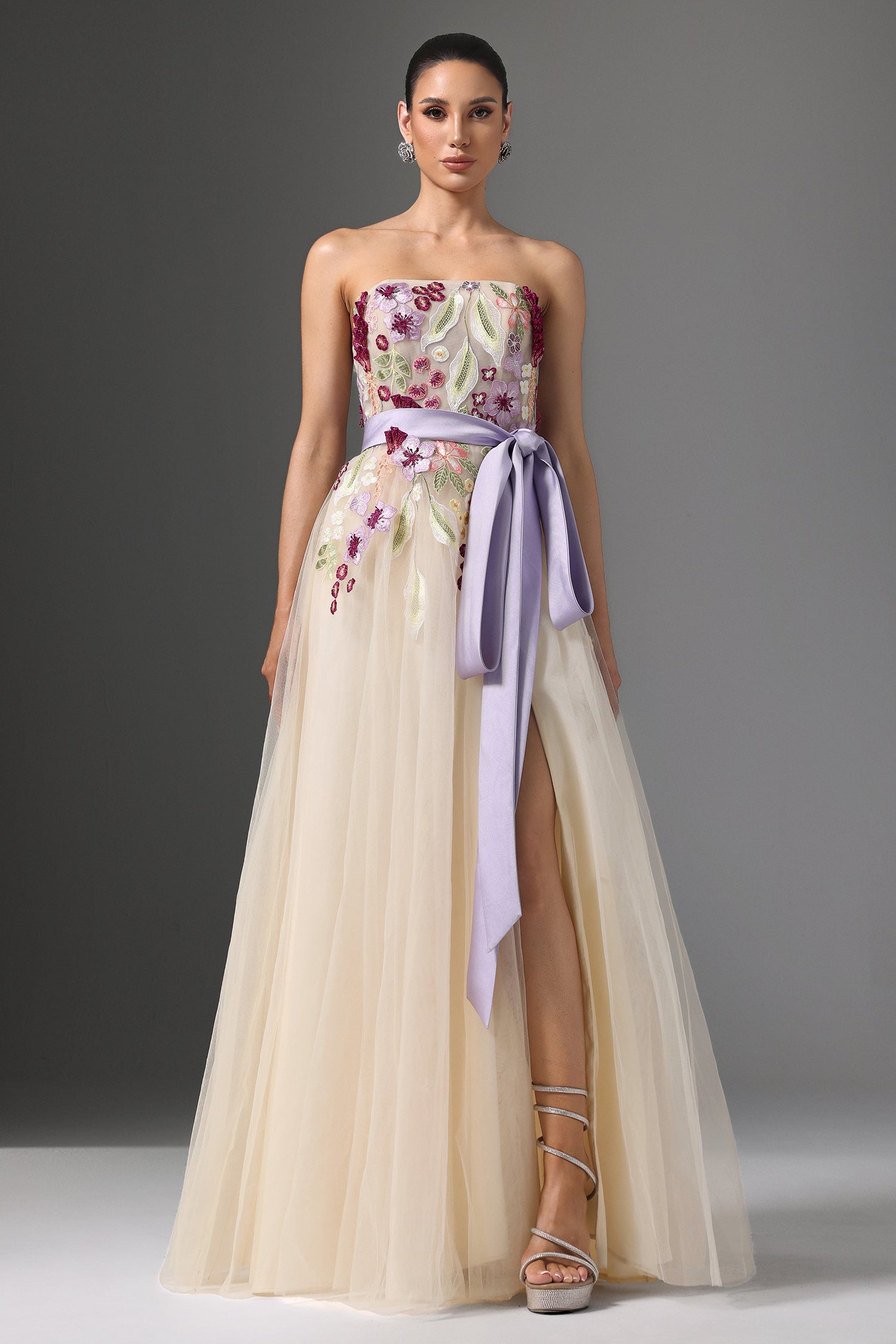 Rikiny Strapless Floral Embroidered High Slit Maxi Dress