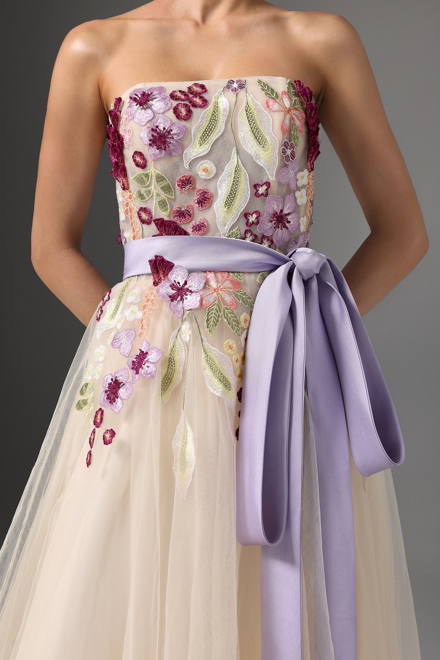 Rikiny Strapless Floral Embroidered High Slit Maxi Dress