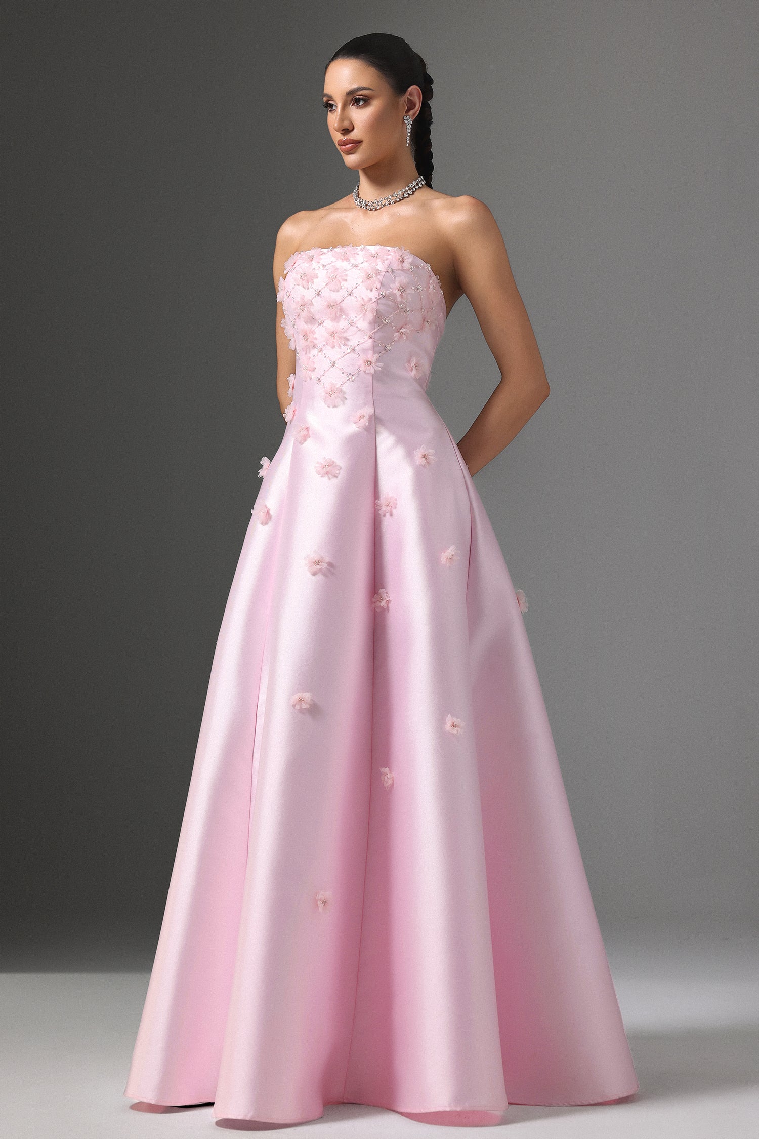 Werza Strapless Floral Beaded Maxi Dress