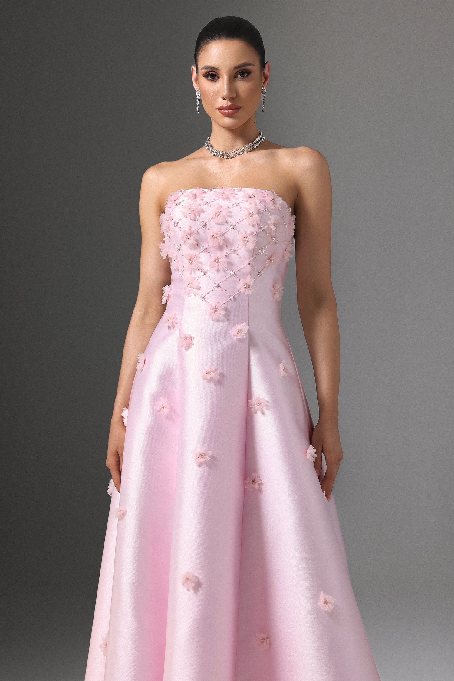 Werza Strapless Floral Beaded Maxi Dress