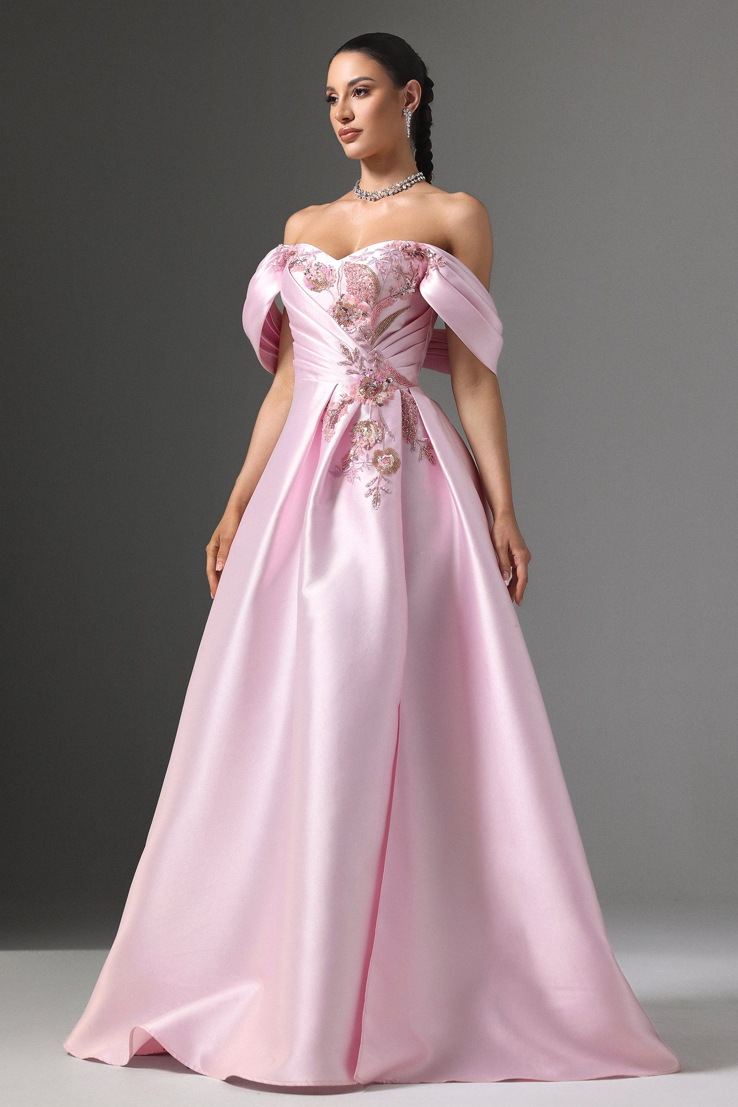 Eseniya Off-Shoulder Floral Embroidered Slit Maxi Dress