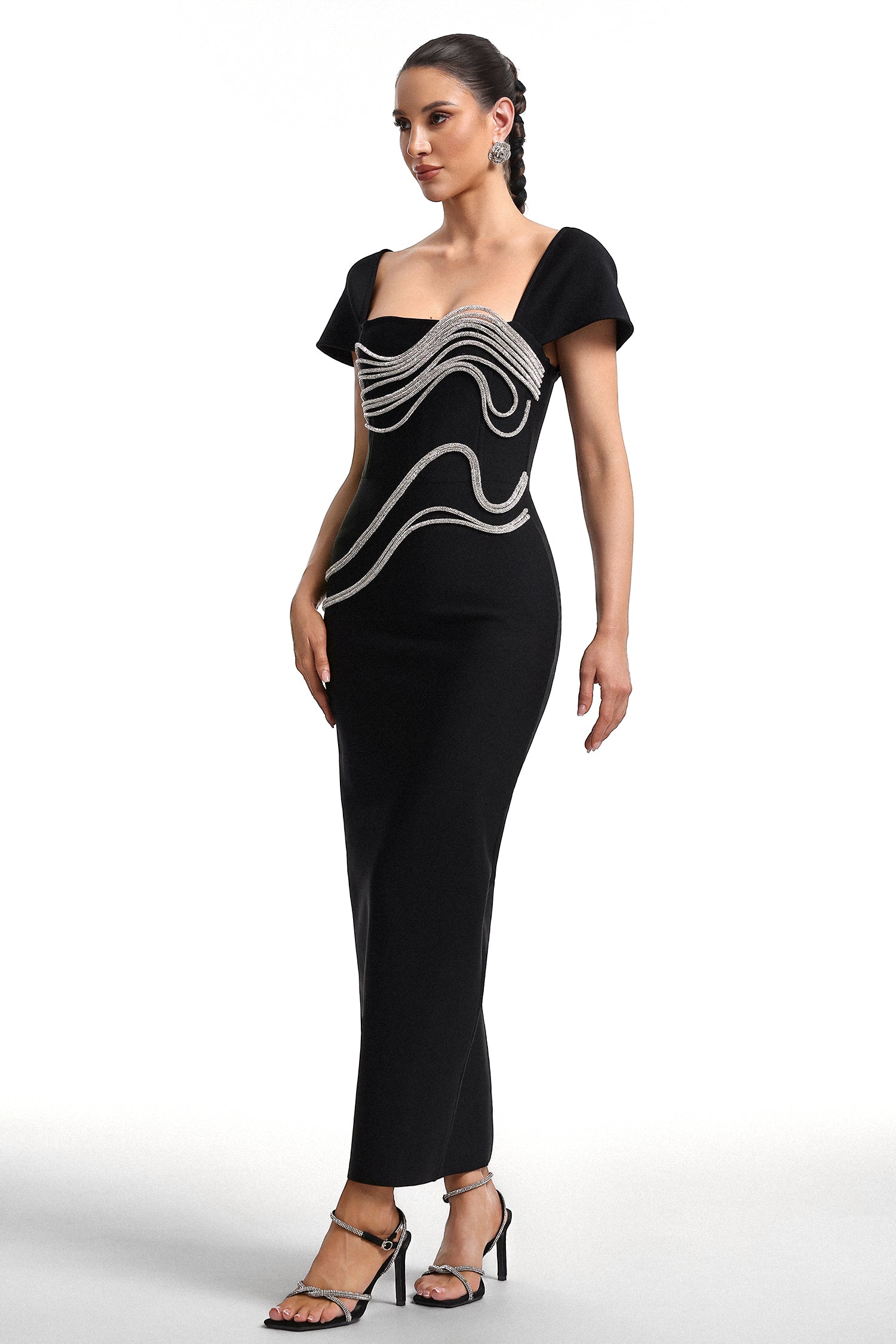 Vako Low Neck Rhinestone Bandage Maxi Dress