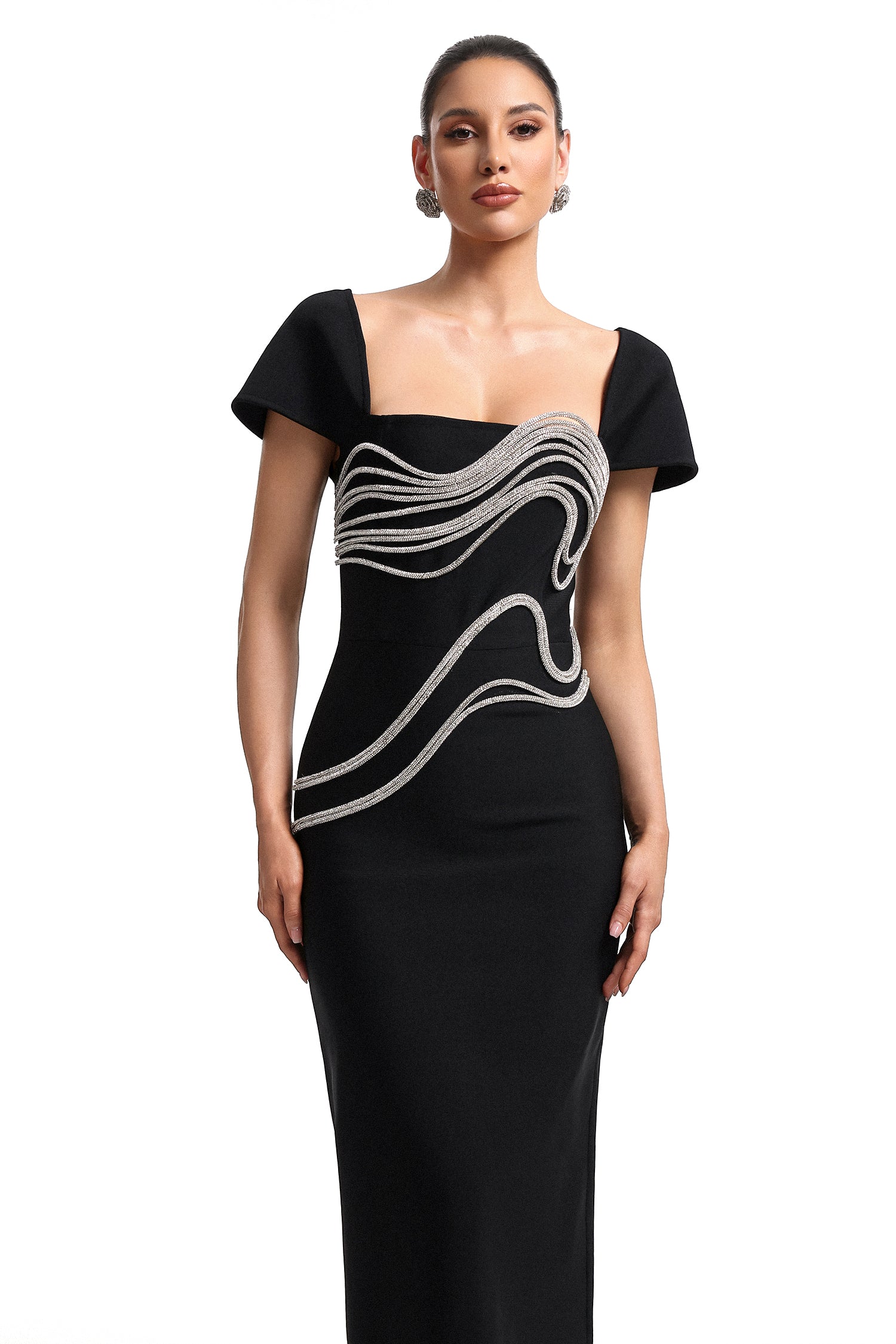 Vako Low Neck Rhinestone Bandage Maxi Dress