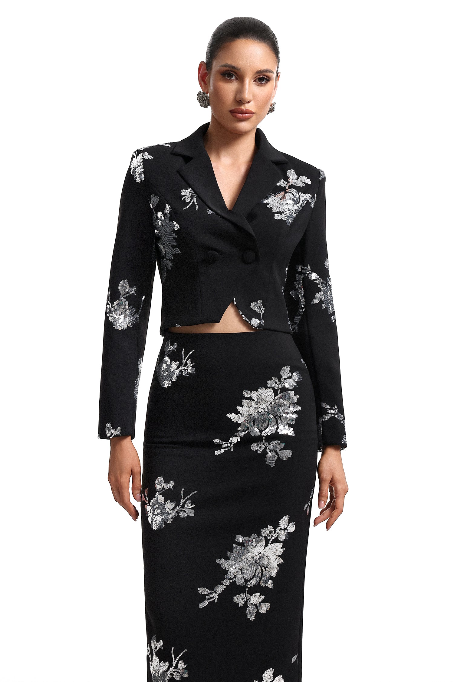 Hermione V-Neck Long Sleeve Floral Print Crop Blazer and Skirt Set