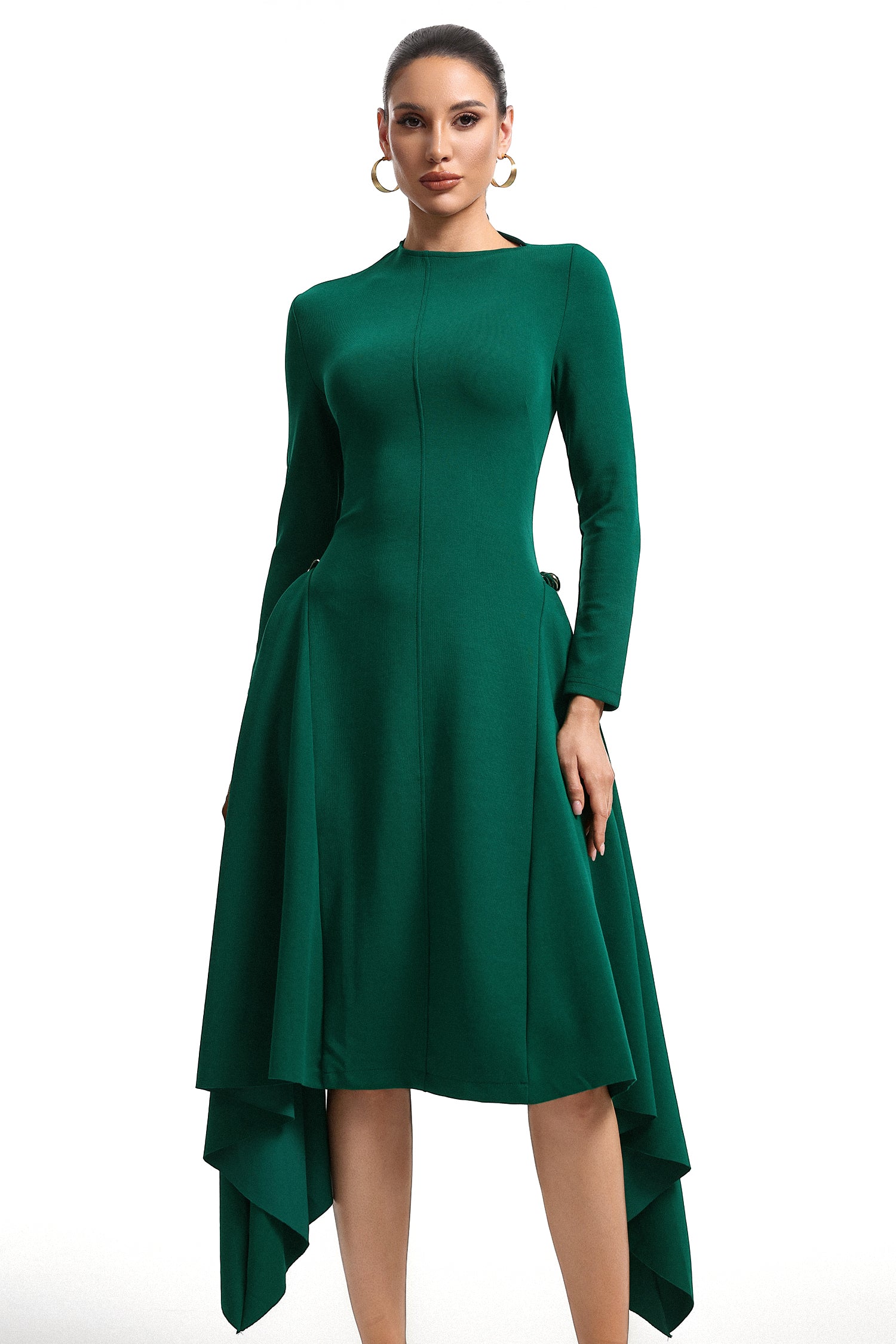 Sylvia Long Sleeves Green Midi Dress
