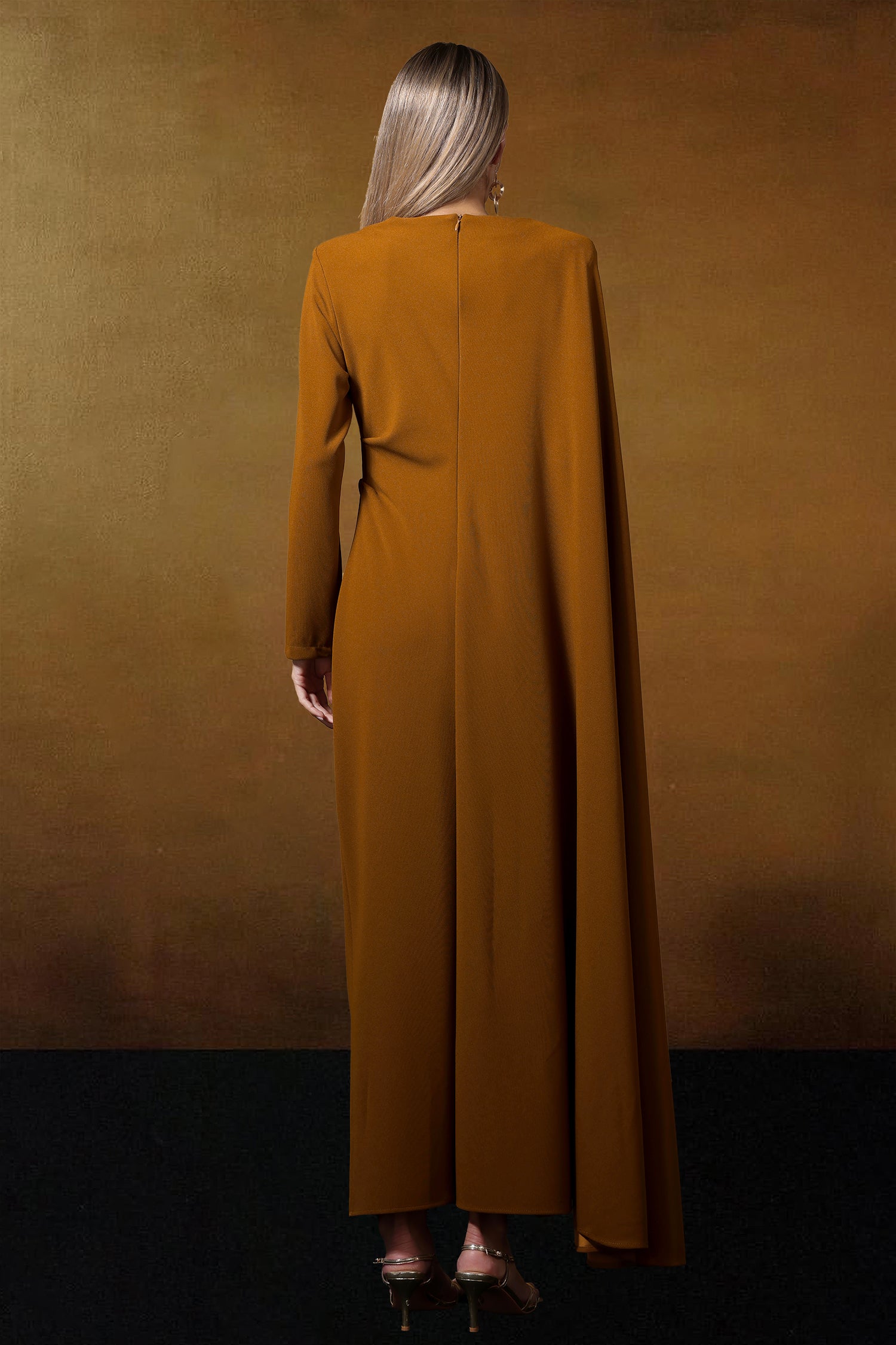 Haka Long Sleeve Asymmetrical Cape Pleated Maxi Dress