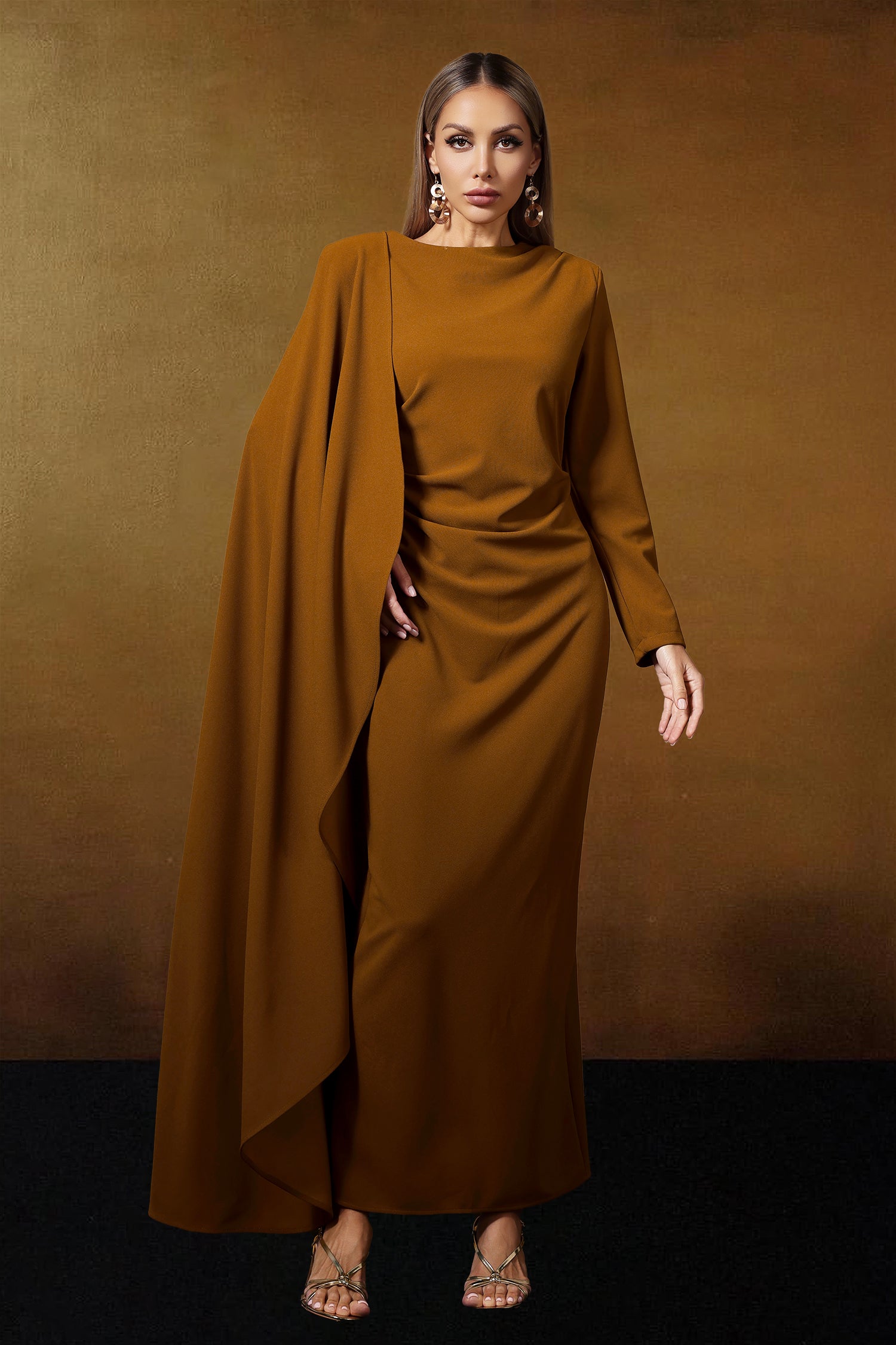 Haka Long Sleeve Asymmetrical Cape Pleated Maxi Dress