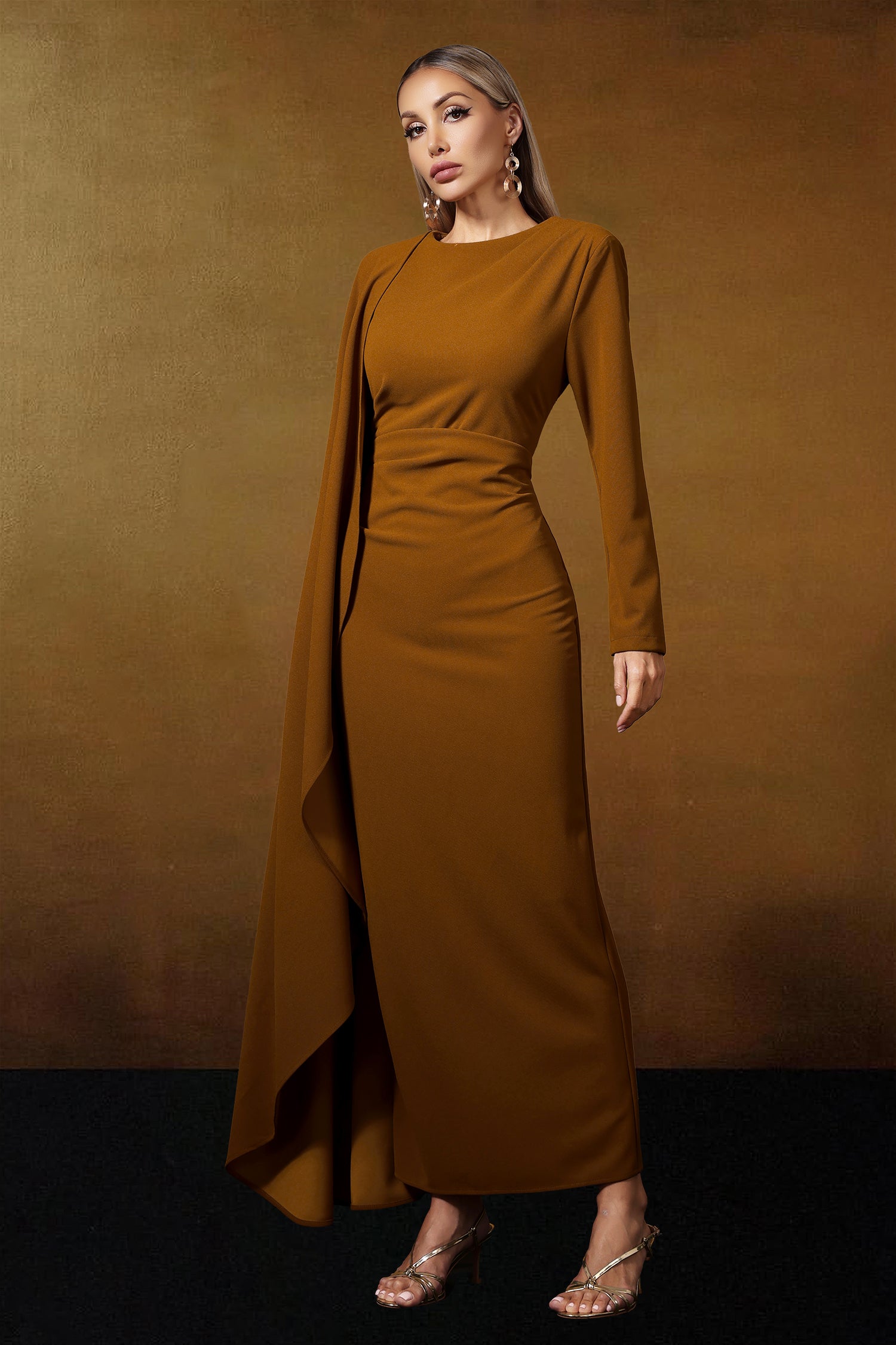 Haka Long Sleeve Asymmetrical Cape Pleated Maxi Dress