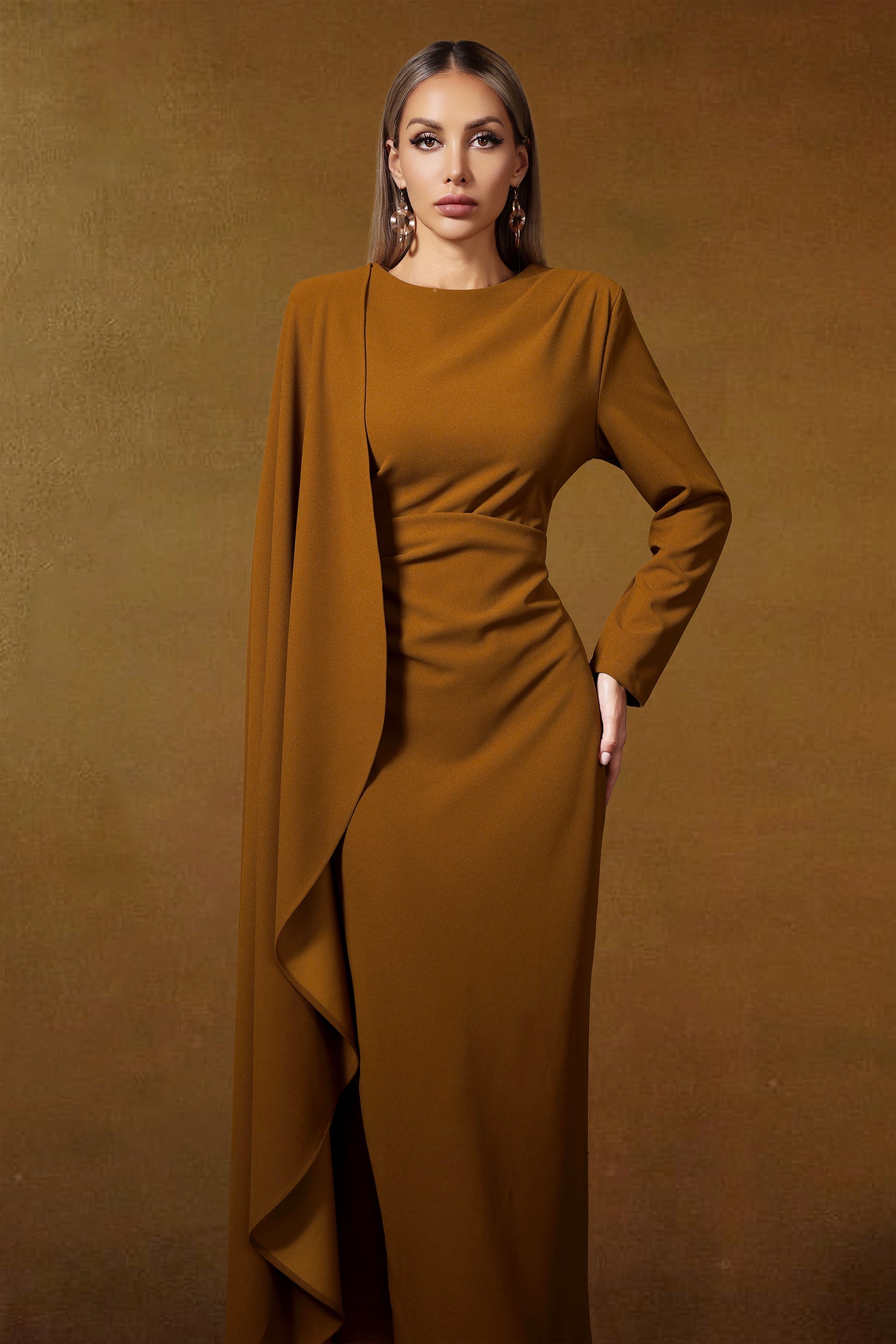 Haka Long Sleeve Asymmetrical Cape Pleated Maxi Dress