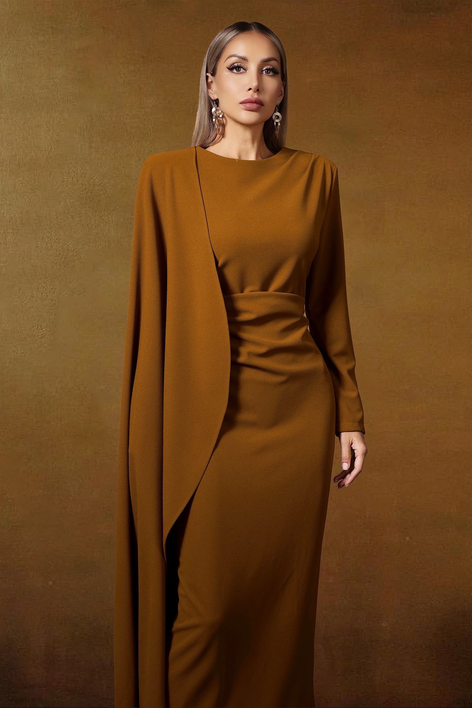 Haka Long Sleeve Asymmetrical Cape Pleated Maxi Dress