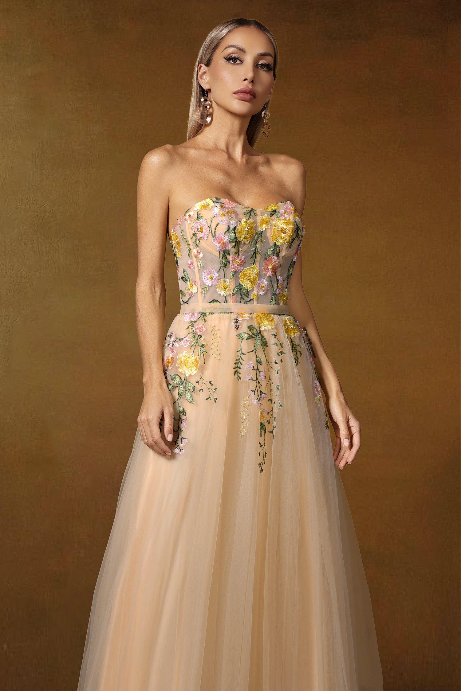 Falae Strapless Floral Embroidered Maxi Dress