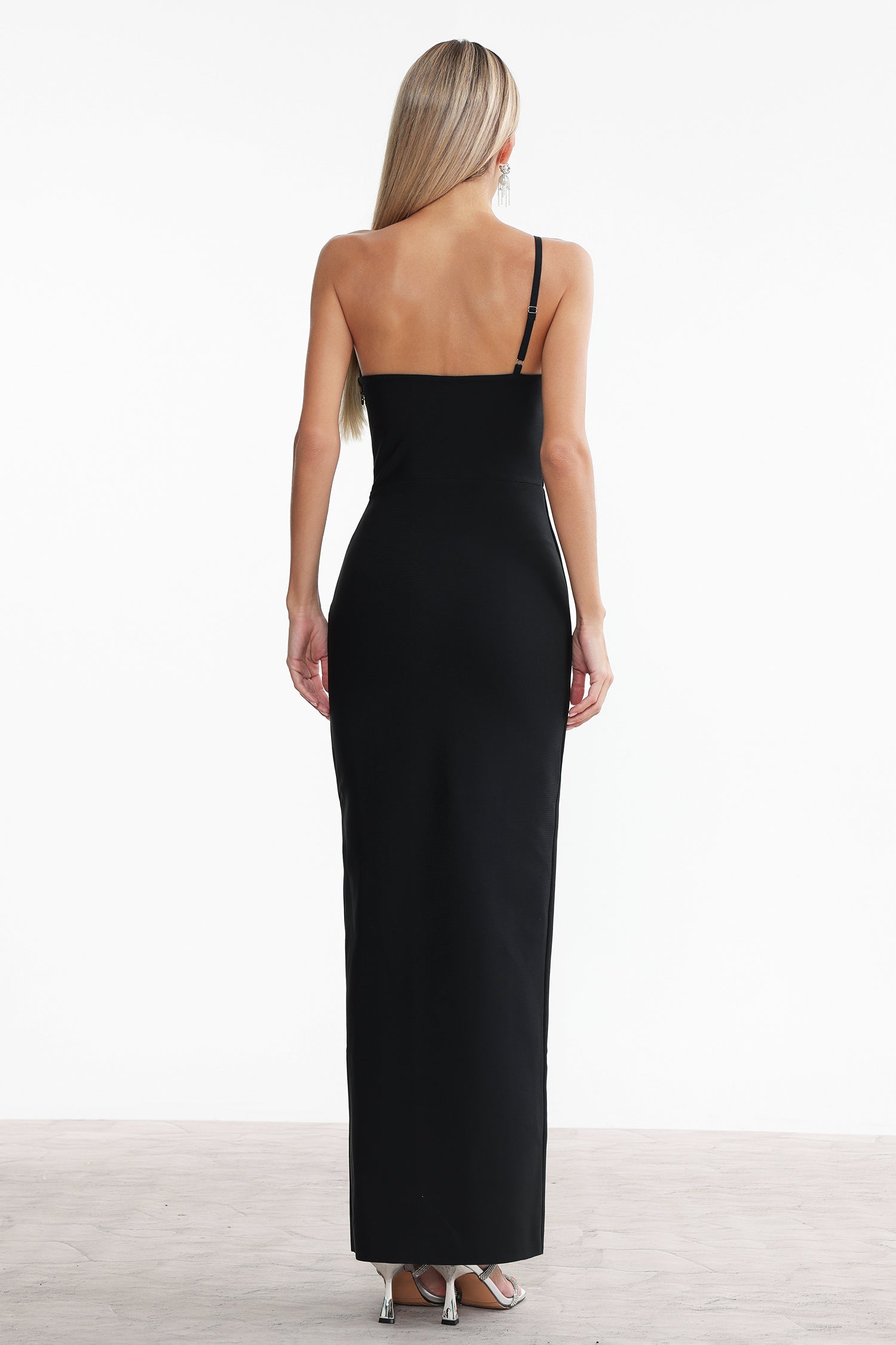 Roto Sleeveless Rhinestone High Slit Bandage Maxi Dress