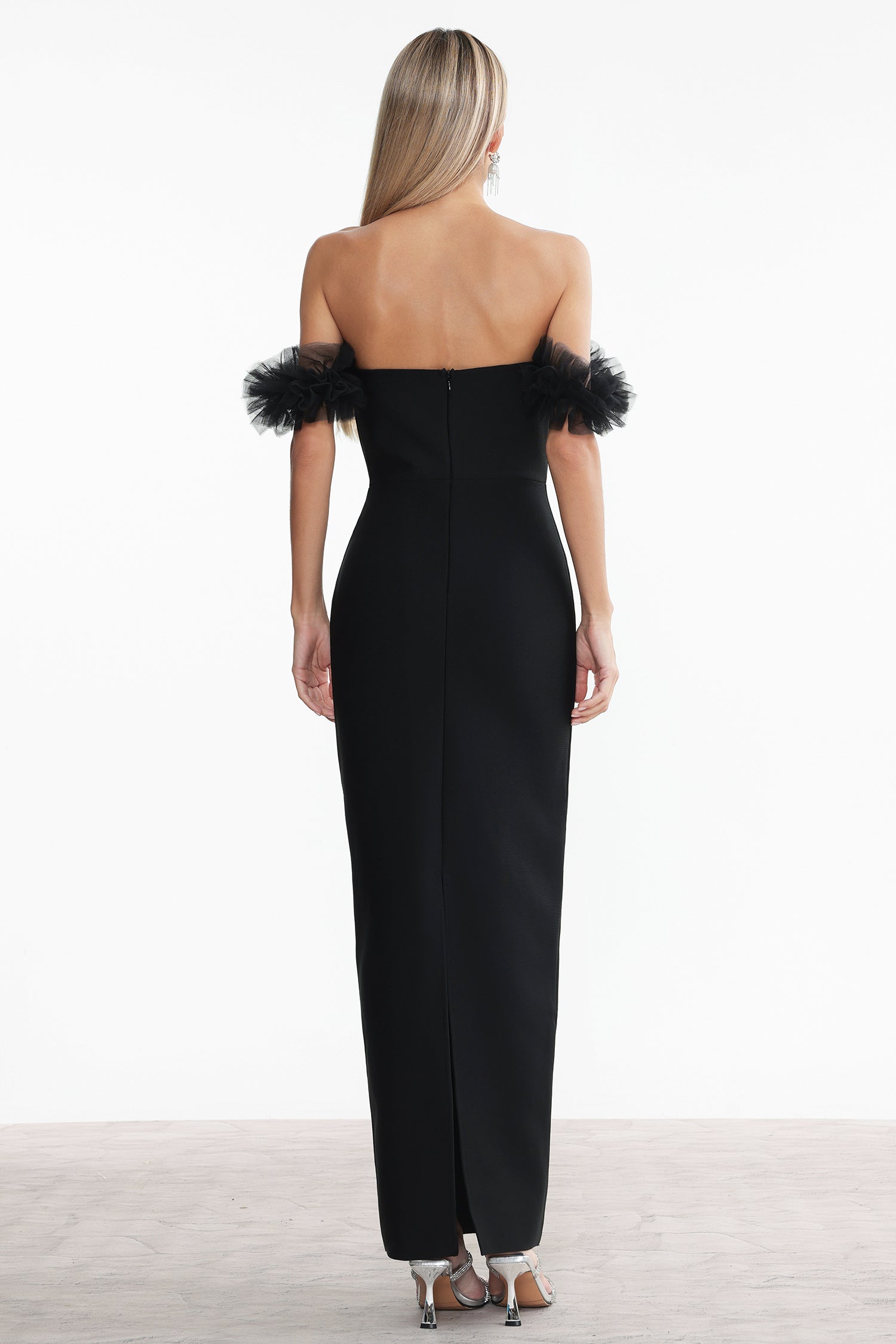 Sarna Off Shoulder Rhinestone Bandage Maxi Dress