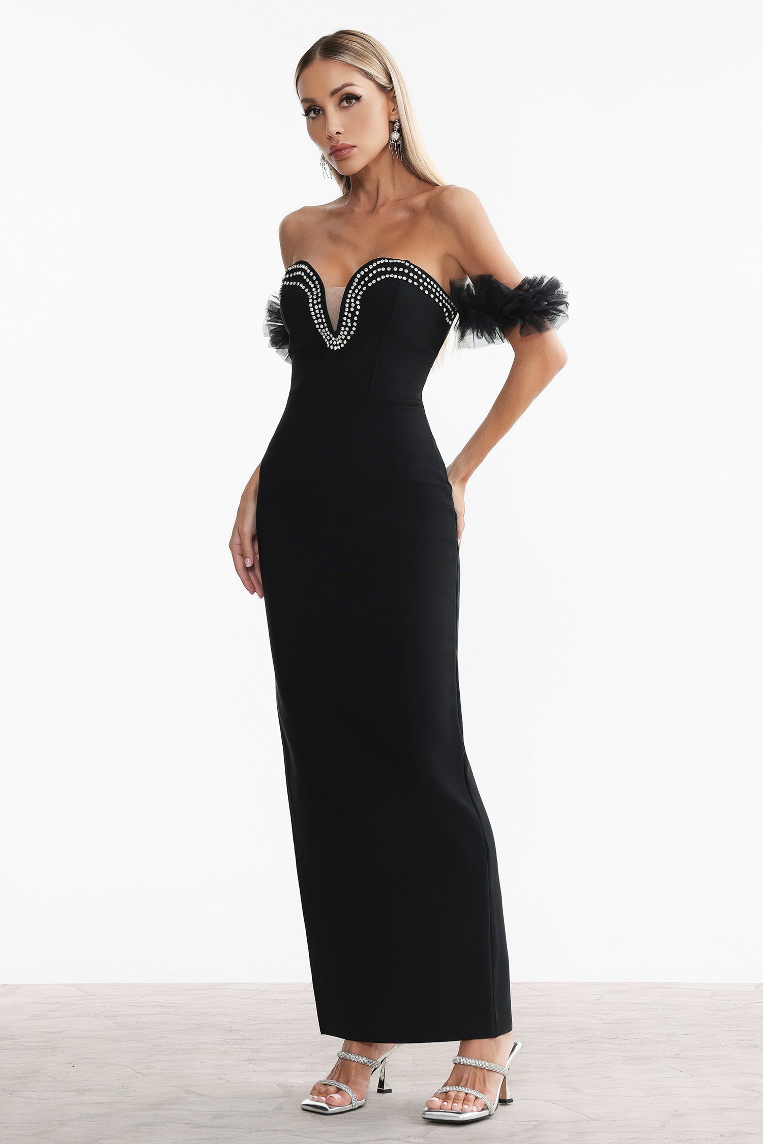 Sarna Off Shoulder Rhinestone Bandage Maxi Dress