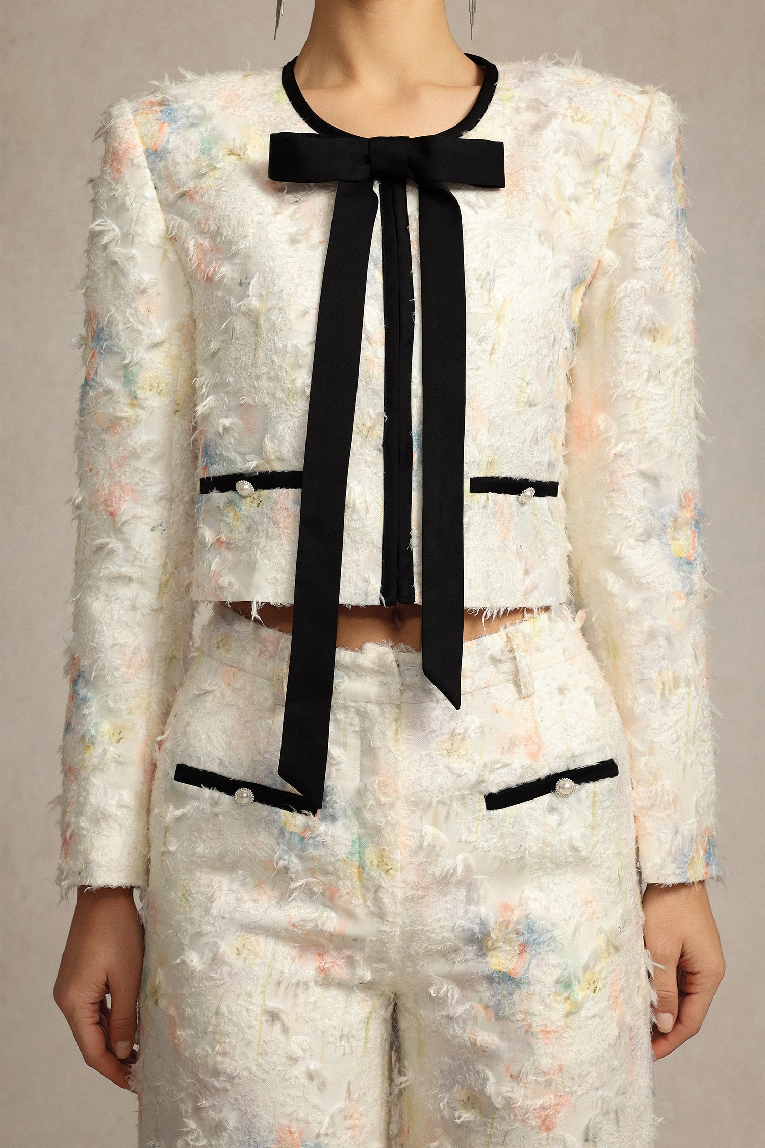 Sarna Round Neck Bowknot Printed Top And Pants Two-Piece Set