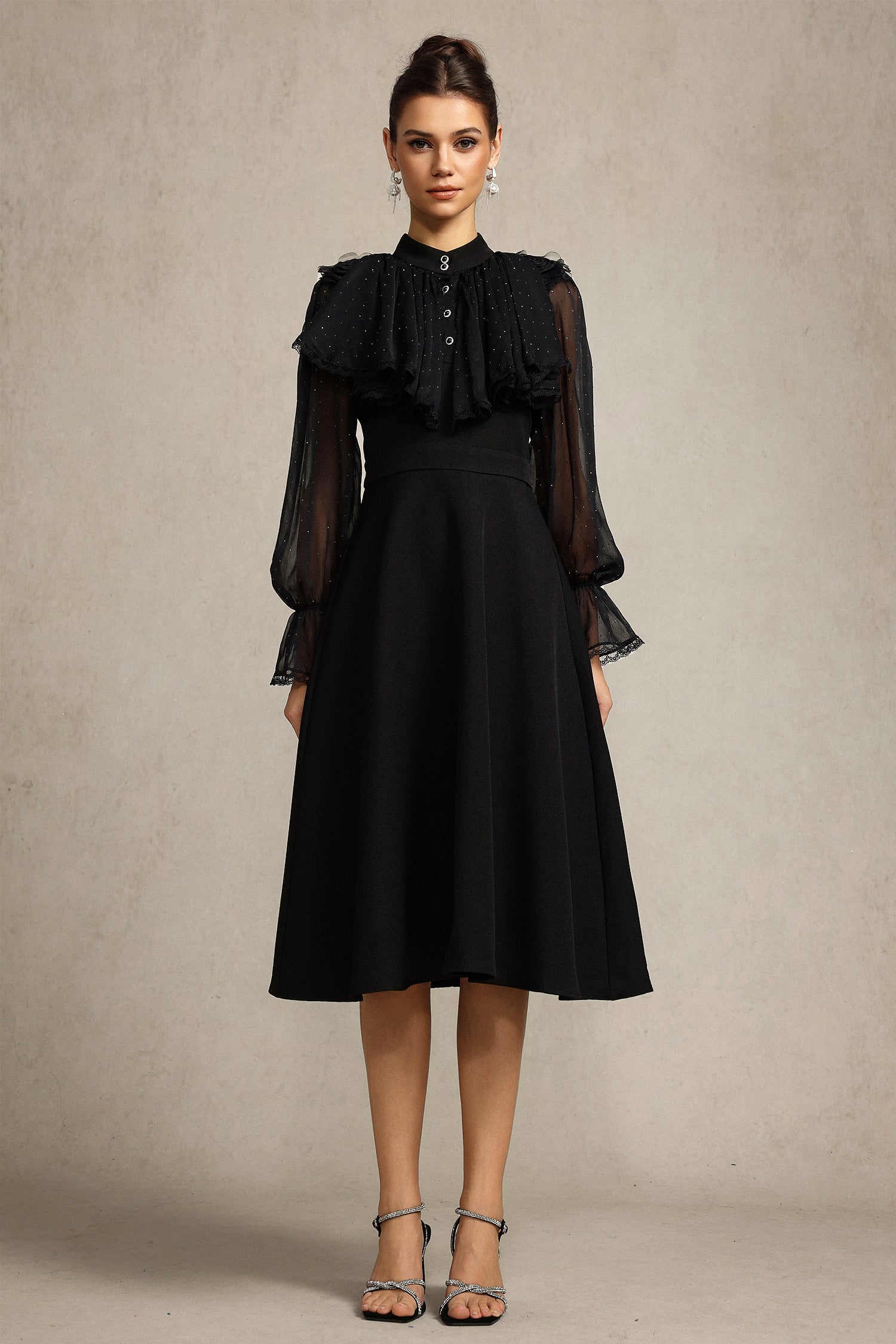 Roto Long Sleeves False Two-Piece Flowers Midi Dress