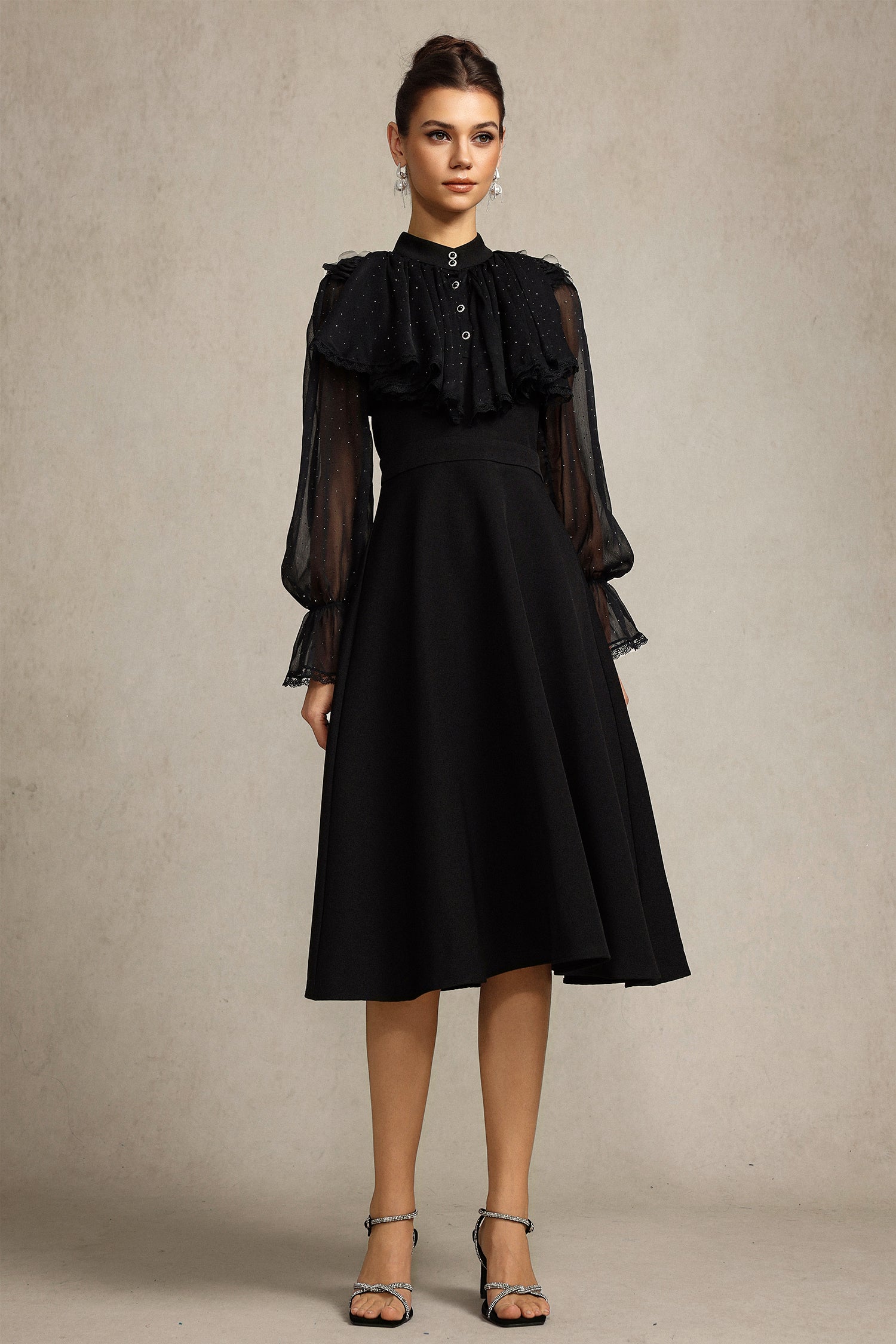 Roto Long Sleeves False Two-Piece Flowers Midi Dress