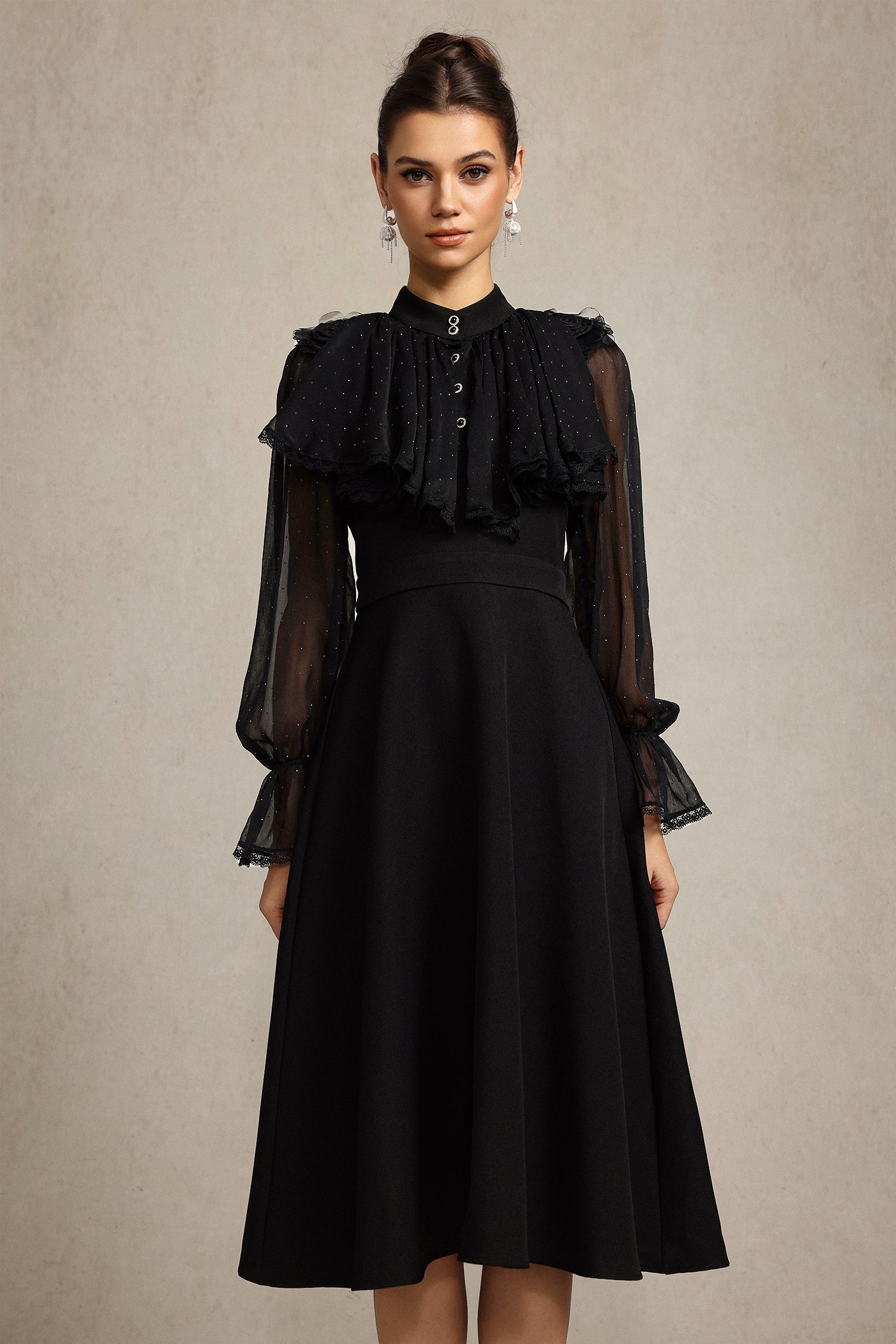 Roto Long Sleeves False Two-Piece Flowers Midi Dress