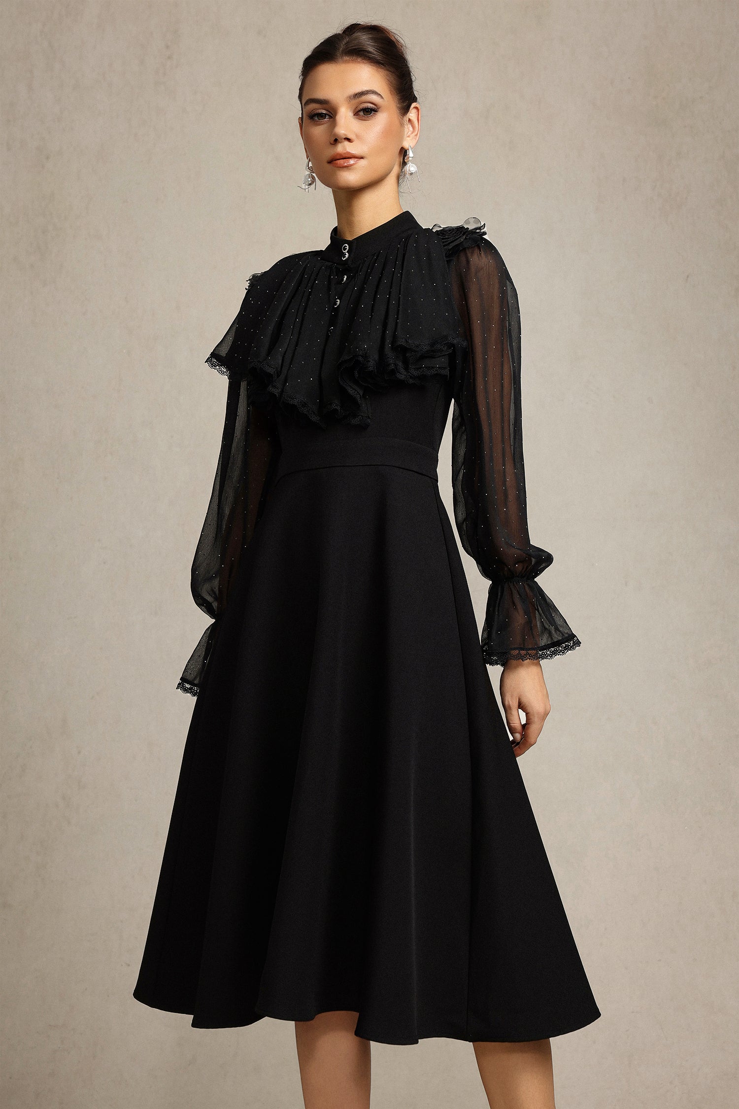 Roto Long Sleeves False Two-Piece Flowers Midi Dress