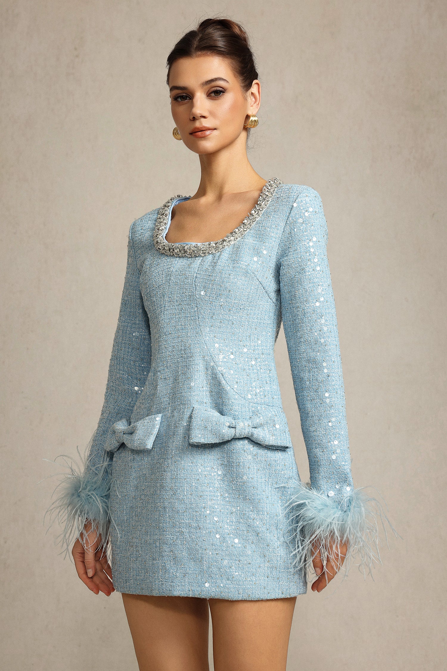 Reagan Square Collar Artificial Feather Bowknot Diamond Blue Mini Dress