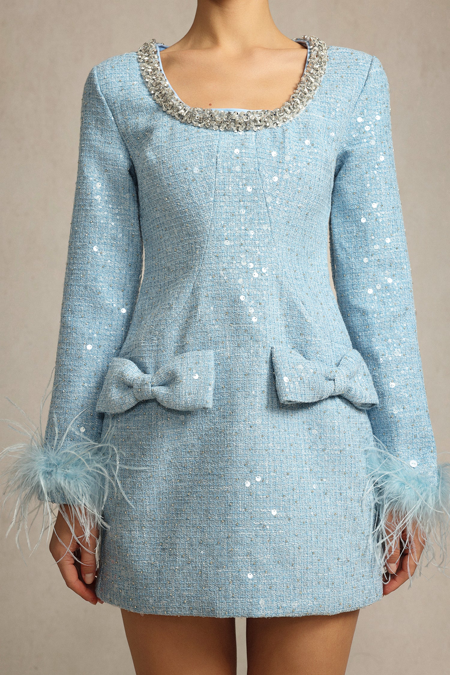 Reagan Square Collar Artificial Feather Bowknot Diamond Blue Mini Dress