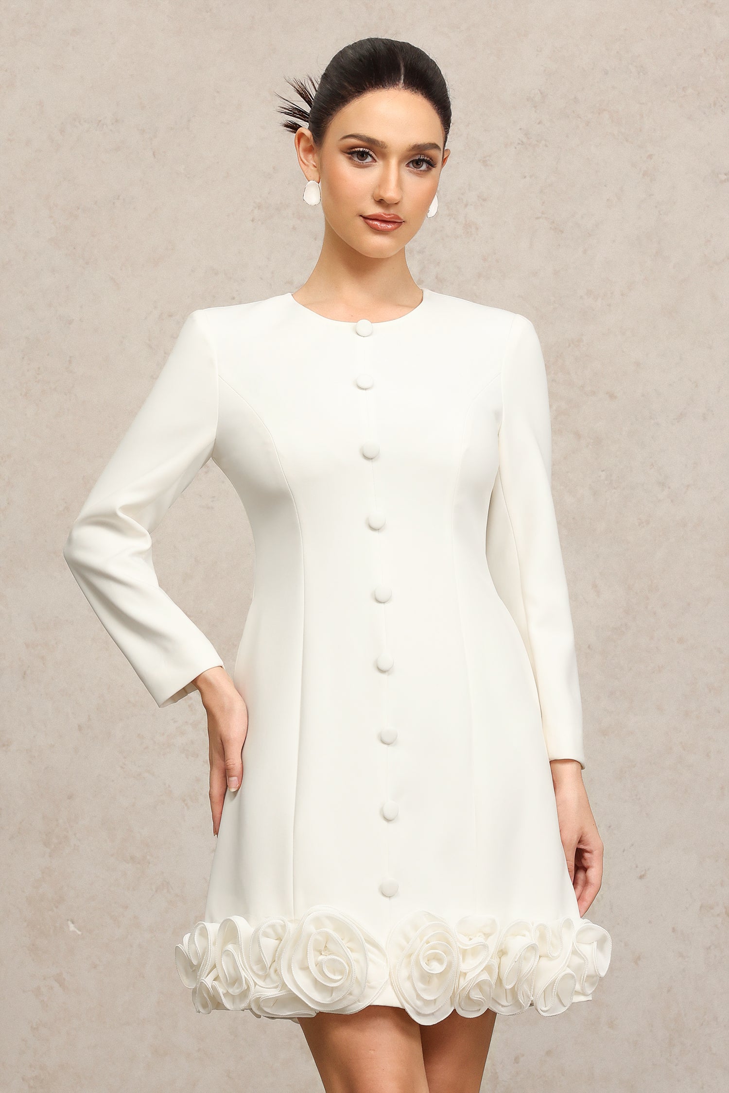 Doluo Round Neck Long Sleeves Flowers Mini Dress